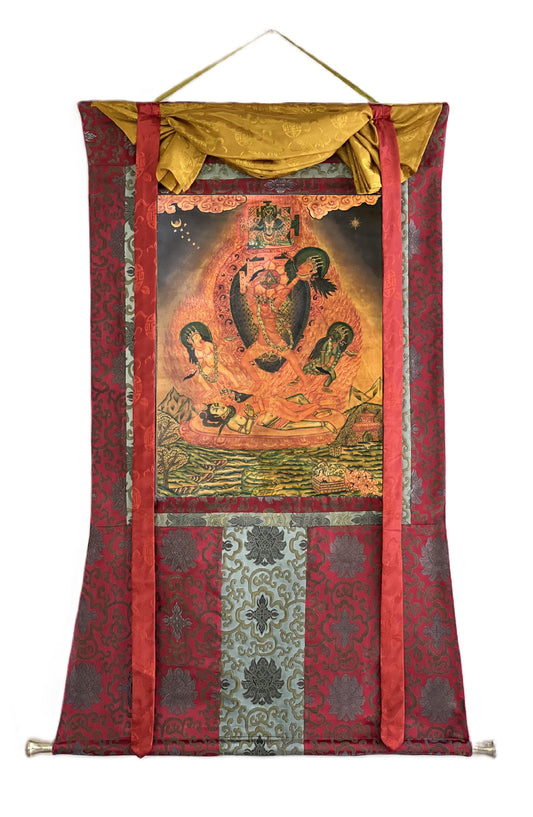 Hand-Painted Chhinnamasta Thangka – Tantric Buddhist Art with Silk Brocade