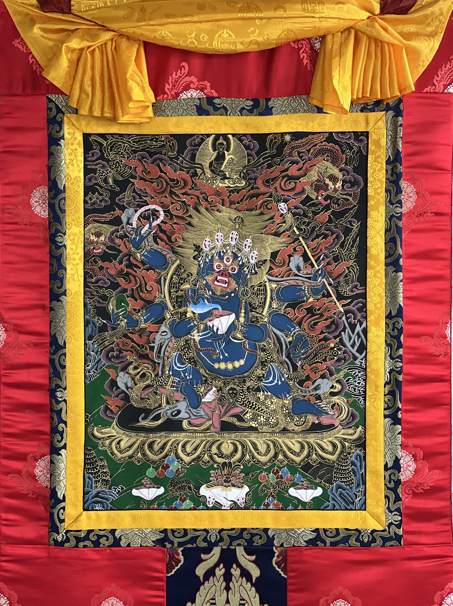 Hand-Painted Mahakala Tibetan Thangka | Buddhist Spiritual Art | Silk Brocade