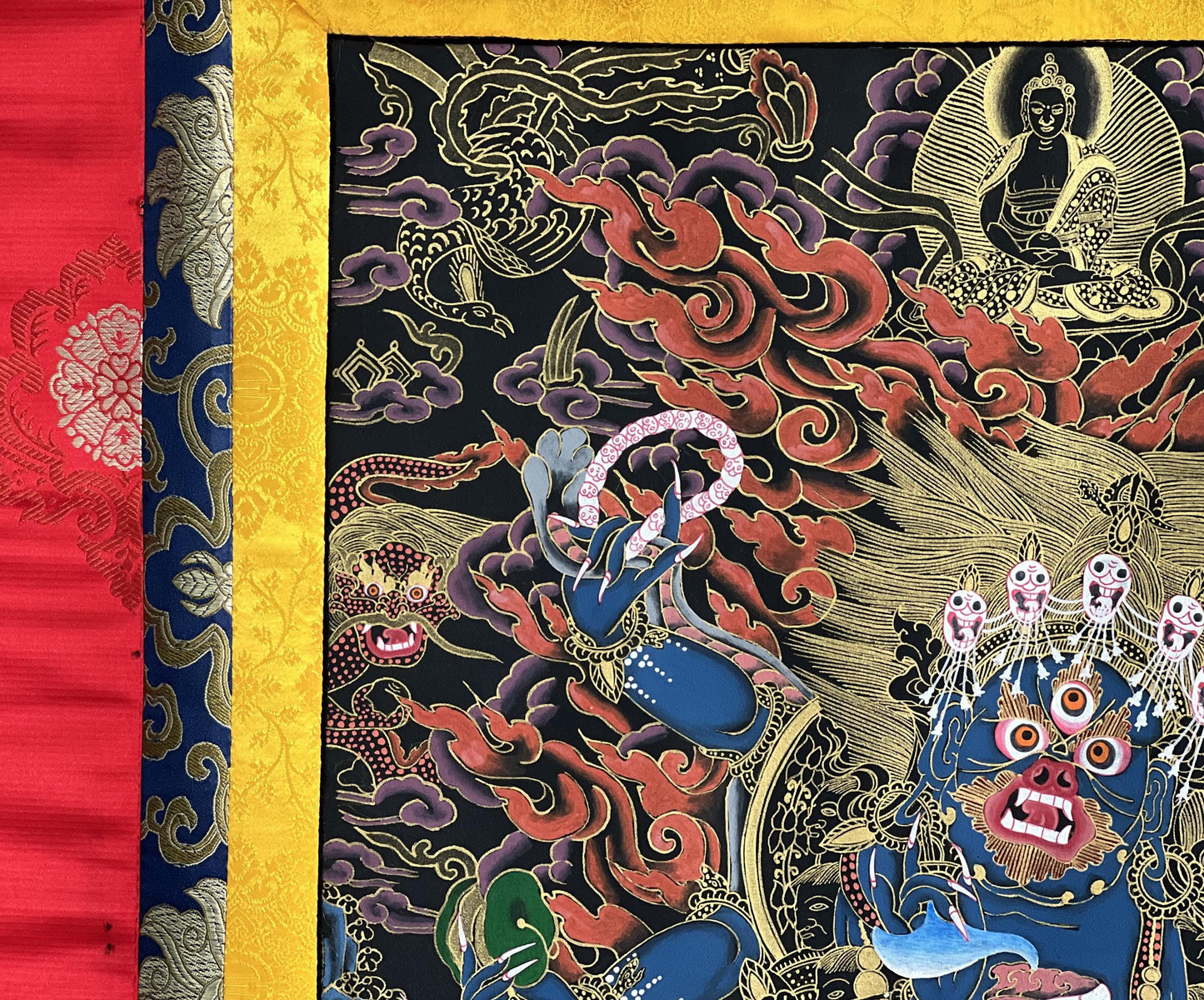 Hand-Painted Mahakala Tibetan Thangka | Buddhist Spiritual Art | Silk Brocade