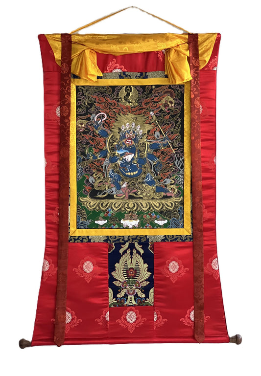 Hand-Painted Mahakala Tibetan Thangka | Buddhist Spiritual Art | Silk Brocade