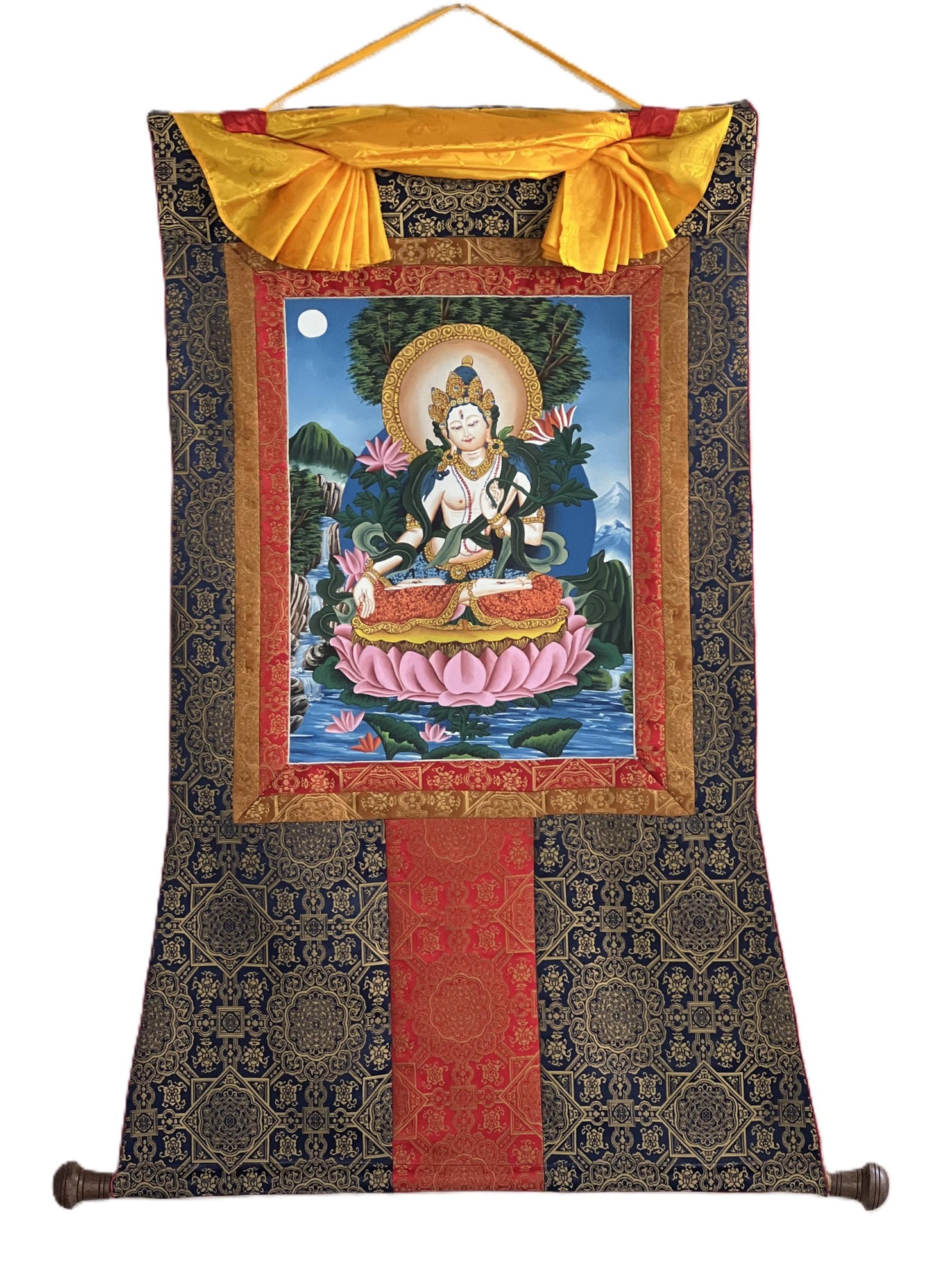 White Tara Thangka – Newari Paubha, Hand-Painted Meditation Art, Silk Brocade