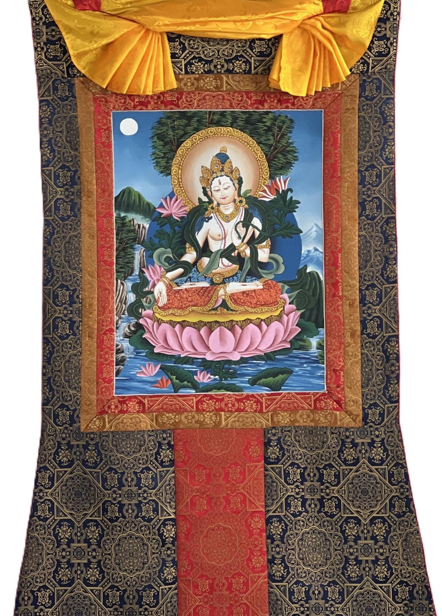 White Tara Thangka – Newari Paubha, Hand-Painted Meditation Art, Silk Brocade