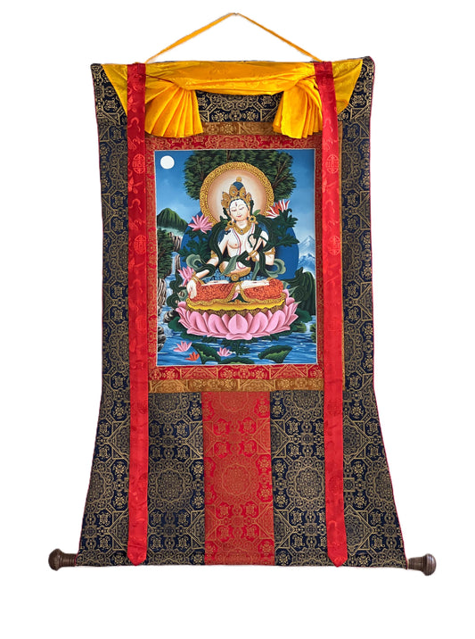 White Tara Thangka – Newari Paubha, Hand-Painted Meditation Art, Silk Brocade