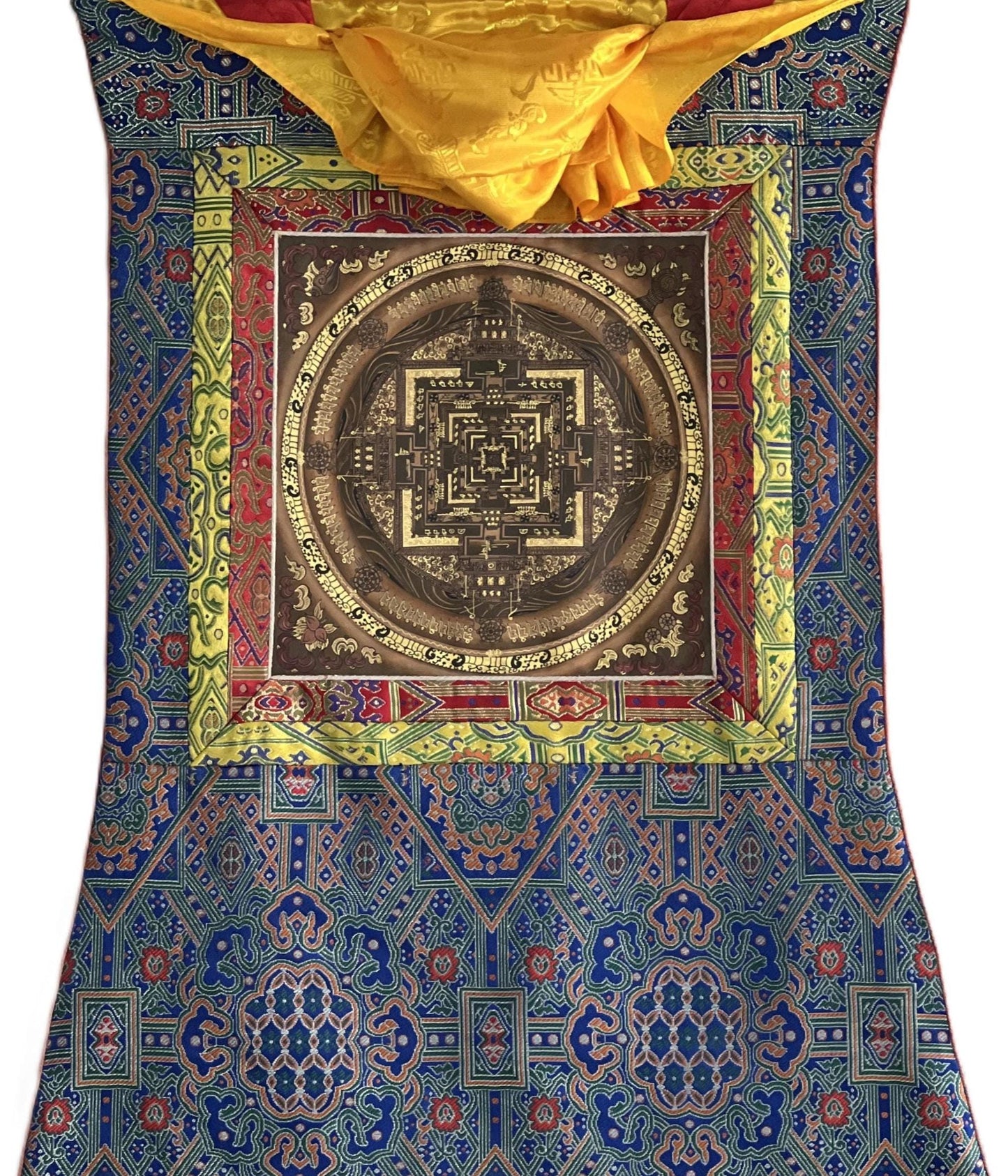 Hand-Painted Kalachakra Mandala Thangka – Tibetan Wheel of Time Art with Silk Brocade
