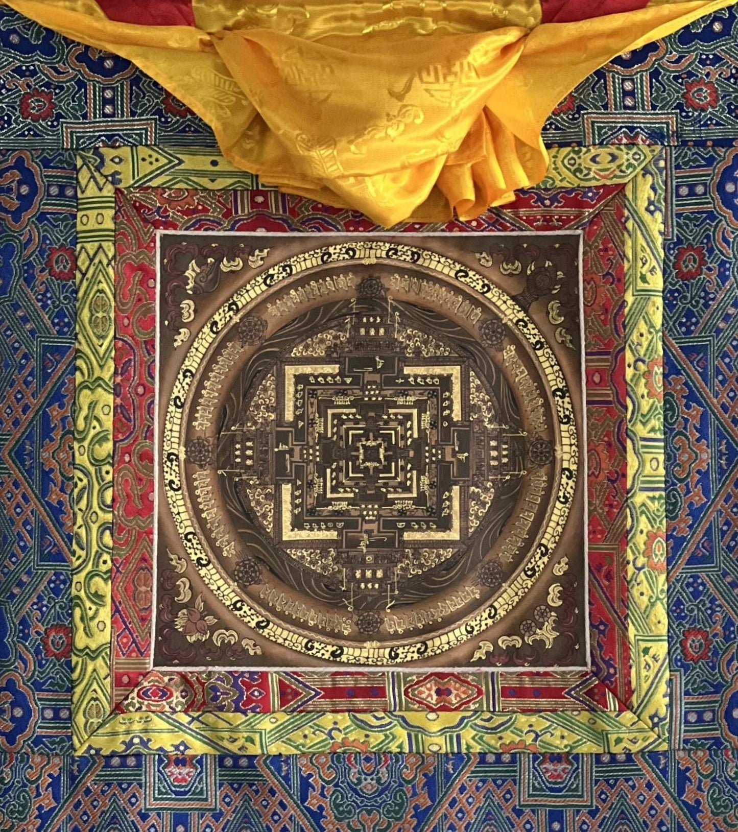 Hand-Painted Kalachakra Mandala Thangka – Tibetan Wheel of Time Art with Silk Brocade