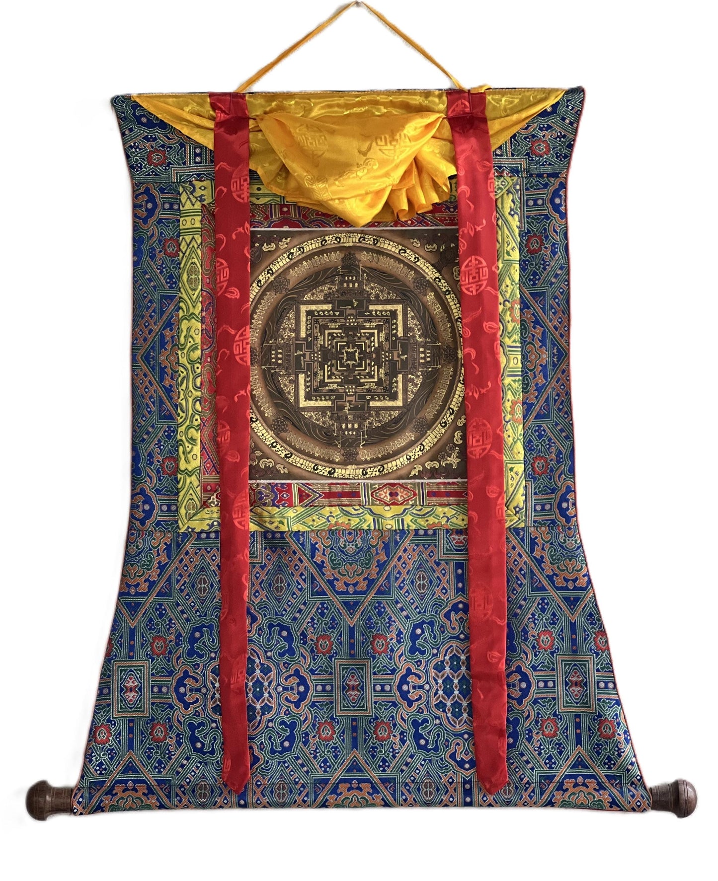 Hand-Painted Kalachakra Mandala Thangka – Tibetan Wheel of Time Art with Silk Brocade
