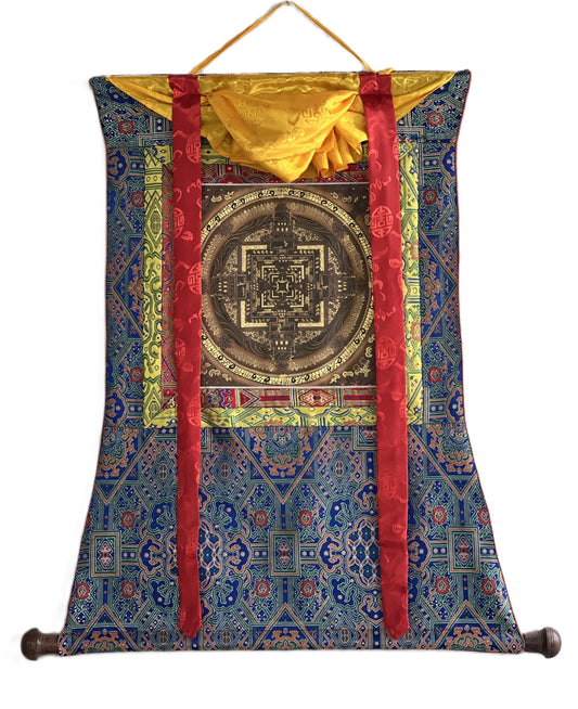 Hand-Painted Kalachakra Mandala Thangka – Tibetan Wheel of Time Art with Silk Brocade