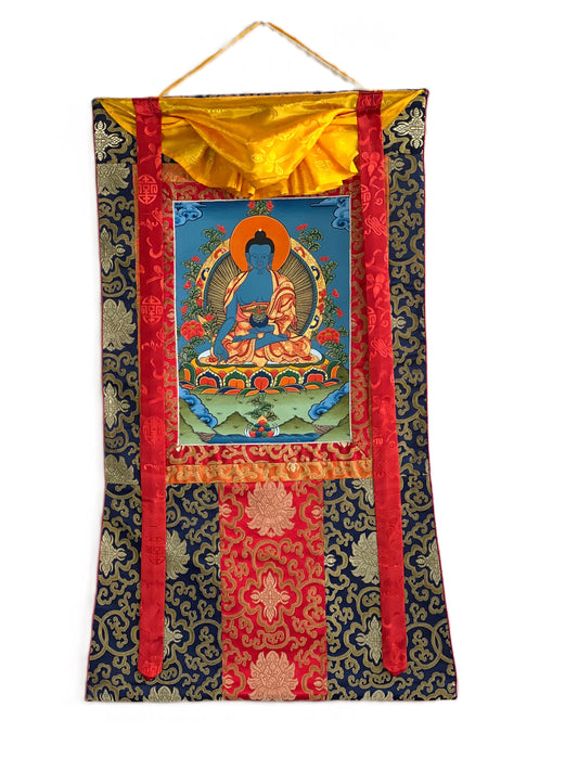 Hand-Painted Medicine Buddha Thangka – Tibetan Healing Art with Silk Brocade