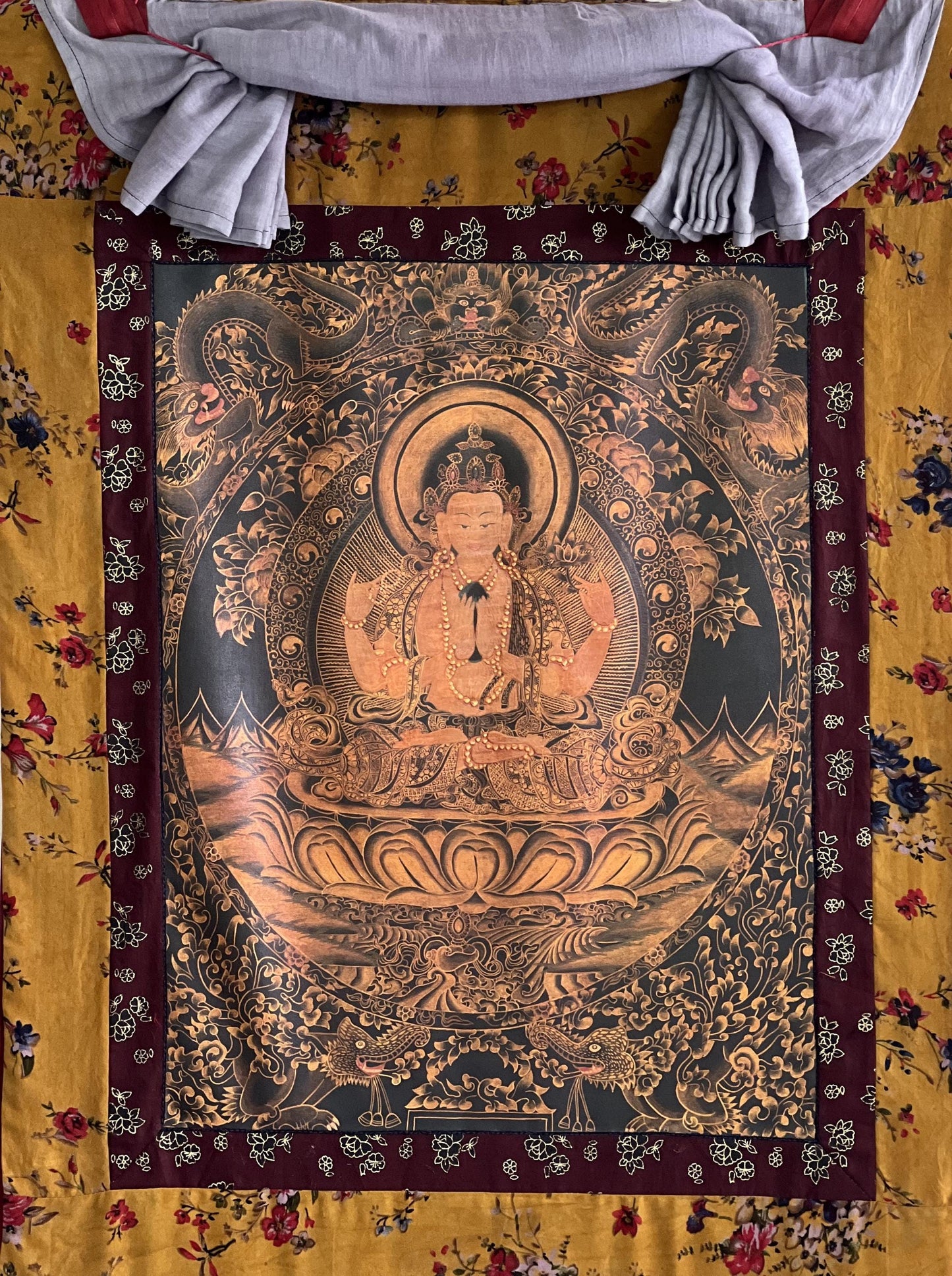 Hand-Painted Chenrezig Avalokiteshvara Compassion Buddha Thangka | Vintage Oil-Varnished Tibetan Painting with Cotton Brocade Frame