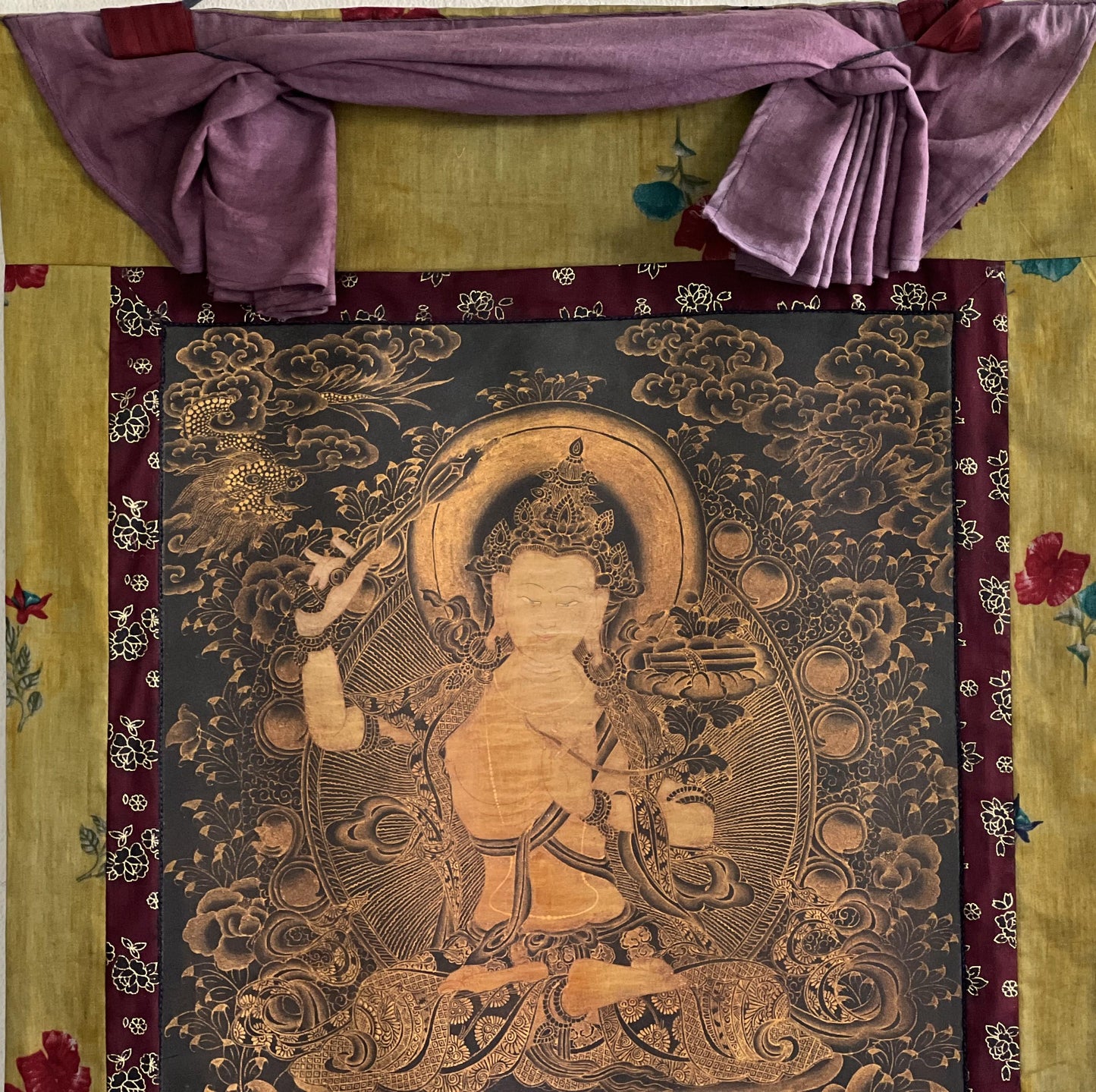 Original Hand-Painted Manjushri Bodhisattva Thangka Painting | Tibetan Compassion Meditation Art | Oil-Varnished with Cotton Brocade