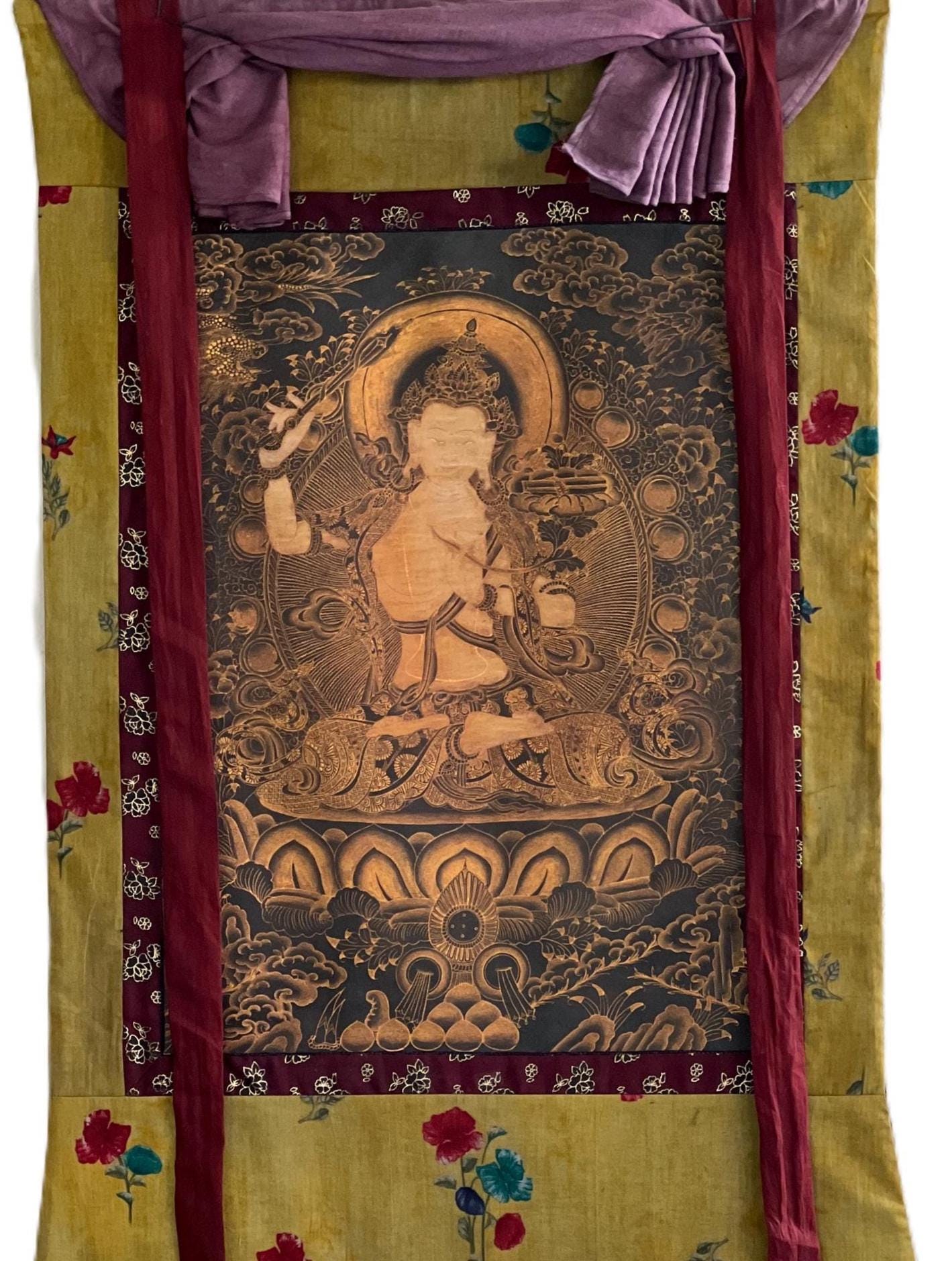 Original Hand-Painted Manjushri Bodhisattva Thangka Painting | Tibetan Compassion Meditation Art | Oil-Varnished with Cotton Brocade