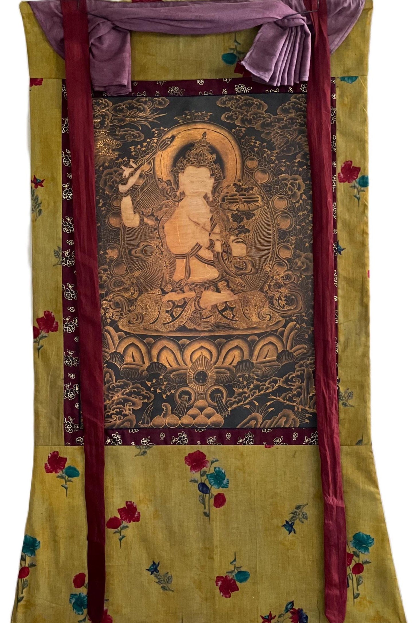 Original Hand-Painted Manjushri Bodhisattva Thangka Painting | Tibetan Compassion Meditation Art | Oil-Varnished with Cotton Brocade