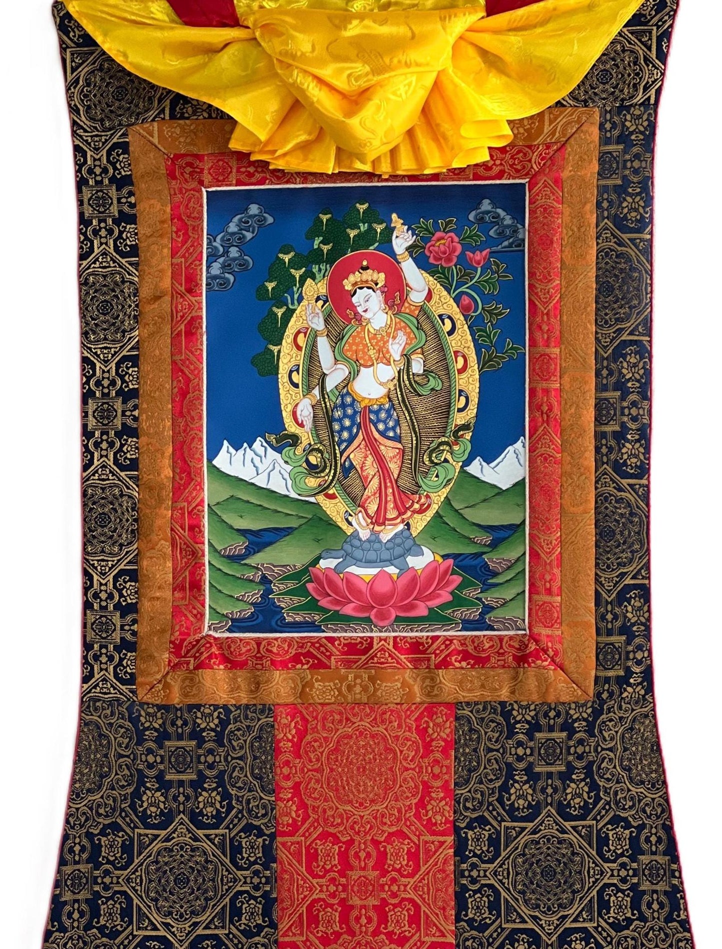 Hand-Painted Goddess Lakshmi Thangka – Nepalese Hindu Art with Silk Border