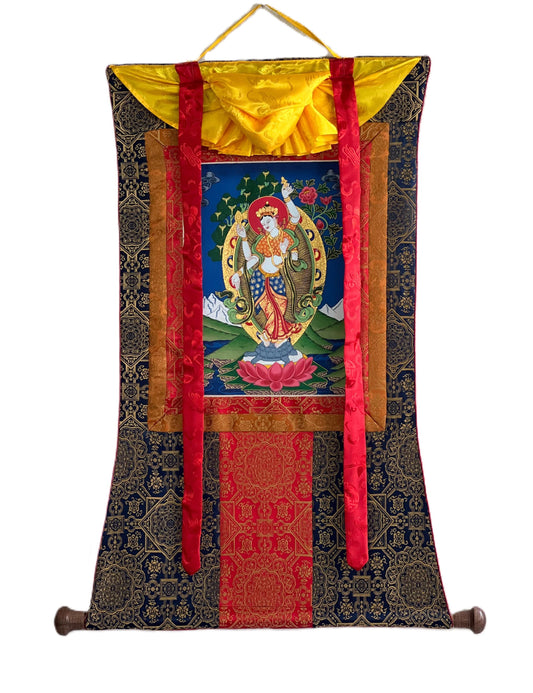 Hand-Painted Goddess Lakshmi Thangka – Nepalese Hindu Art with Silk Border