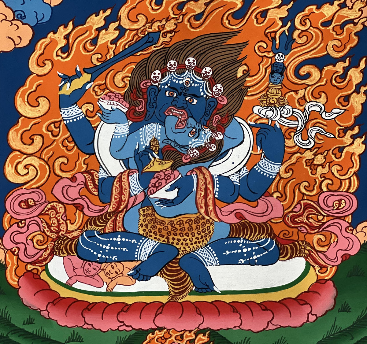 Mahakala Shakti Thangka: Hand-Painted Tibetan Silk Brocade Wall Hanging