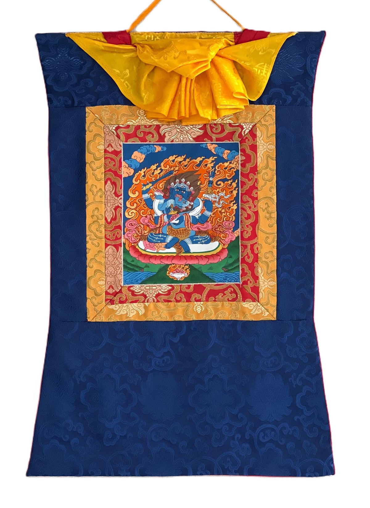Mahakala Shakti Thangka: Hand-Painted Tibetan Silk Brocade Wall Hanging
