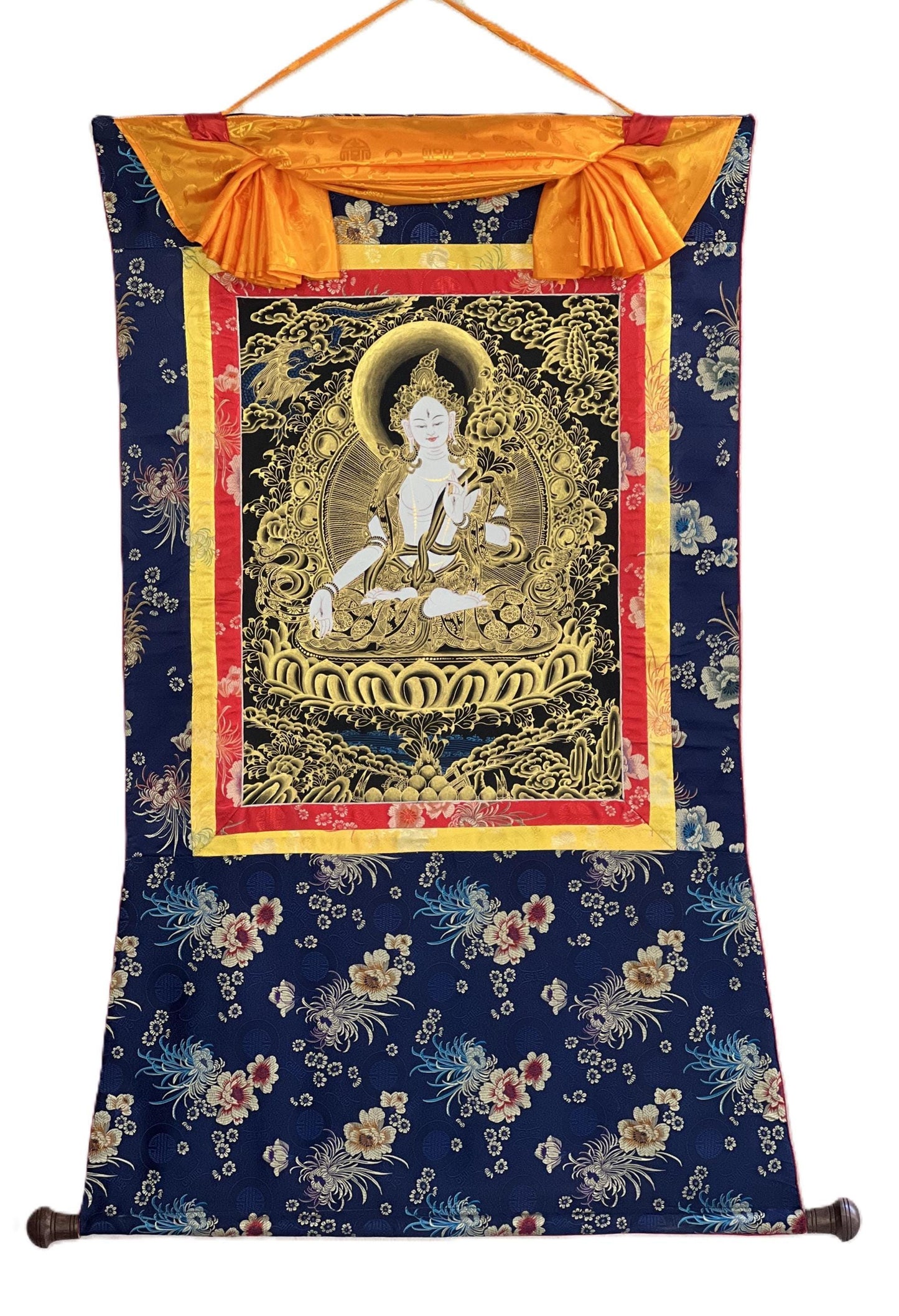 White Tara Thangka Painting – Hand-Painted Tibetan Buddhist Art, Silk Brocade