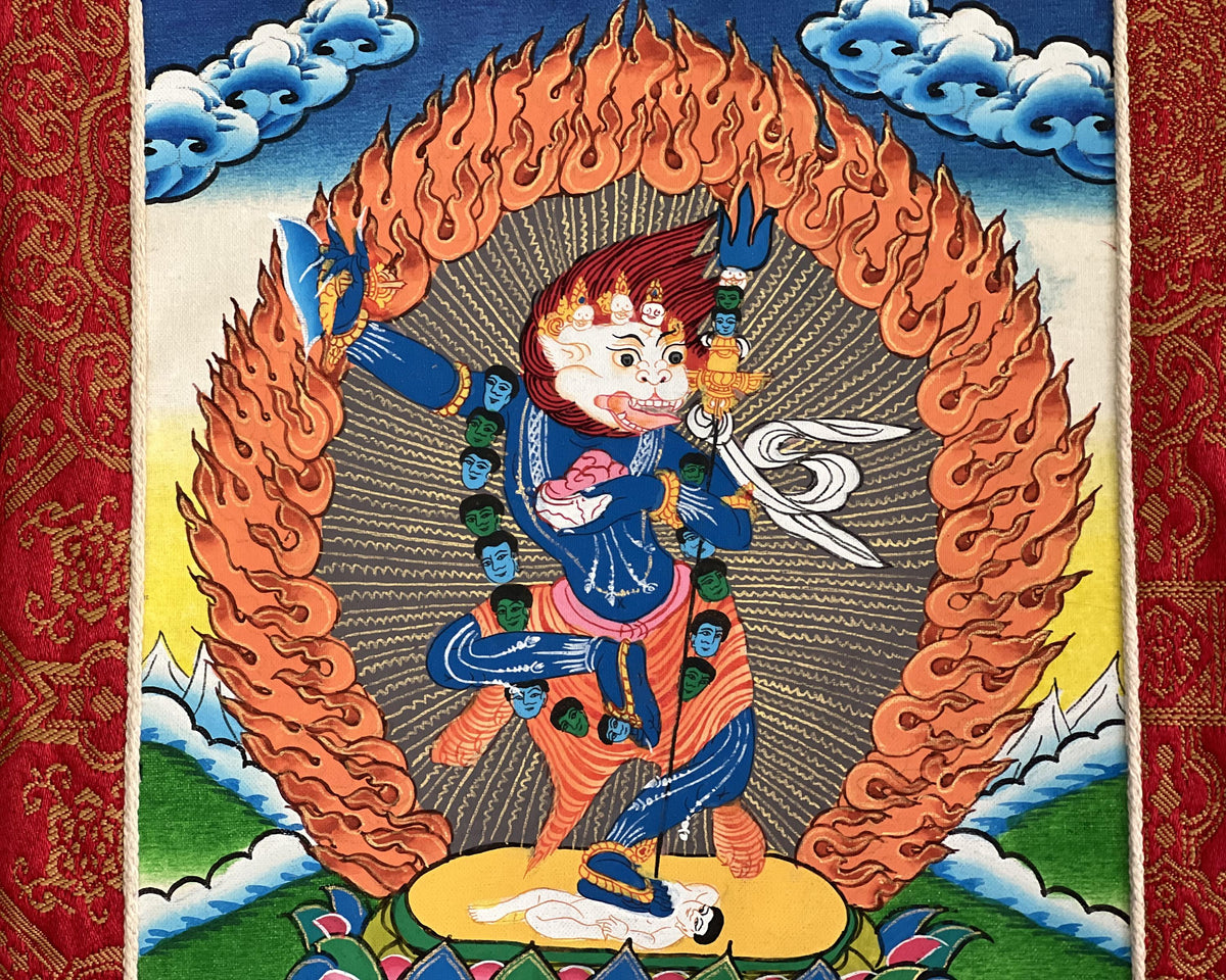 Simhamukhi Thangka Painting: Tibetan Buddhist Art with Silk Brocade