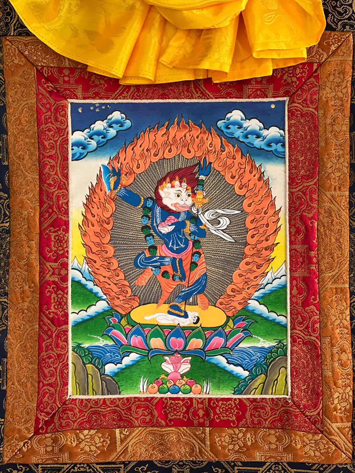 Simhamukhi Thangka Painting: Tibetan Buddhist Art with Silk Brocade