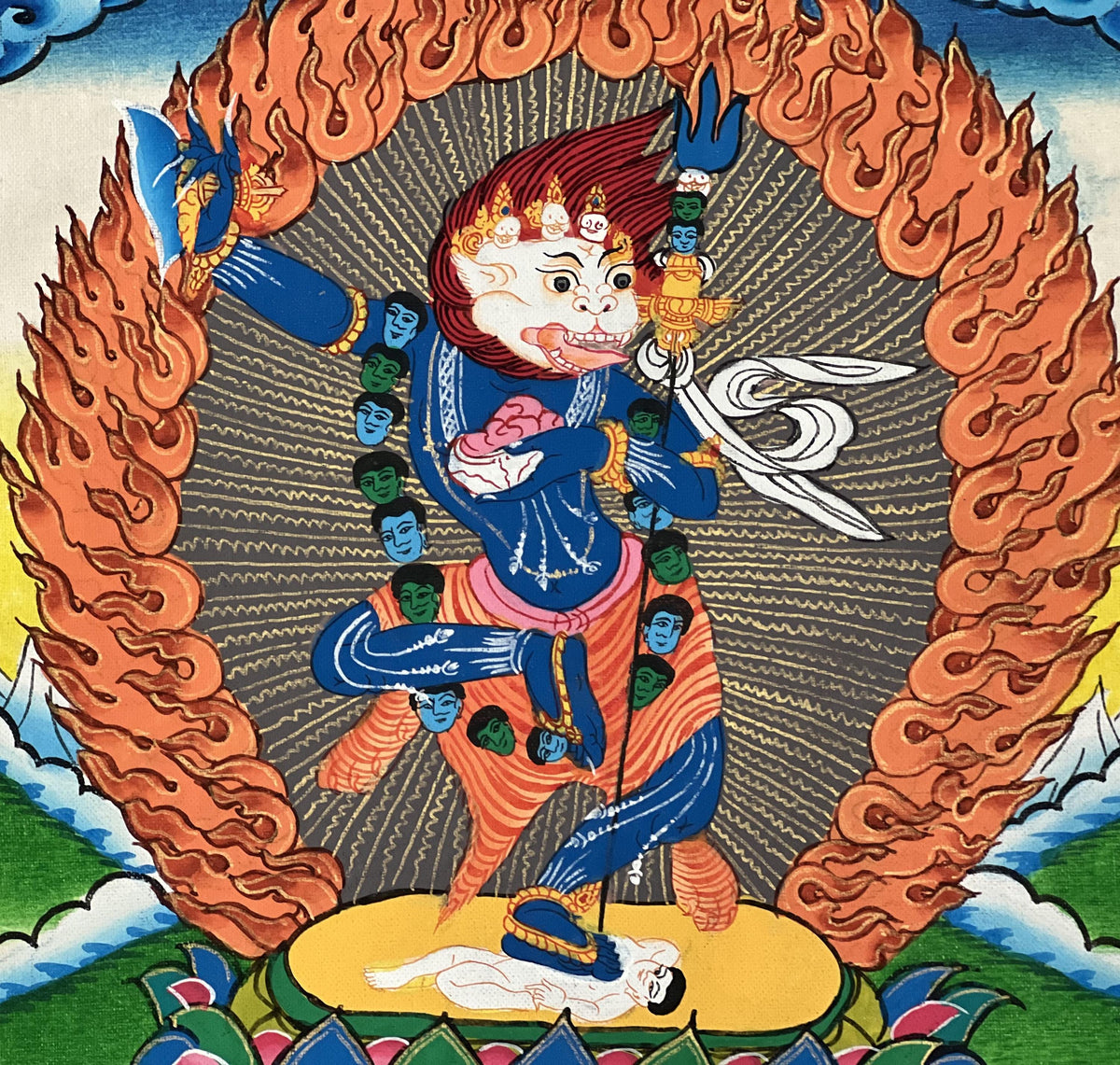 Simhamukhi Thangka Painting: Tibetan Buddhist Art with Silk Brocade