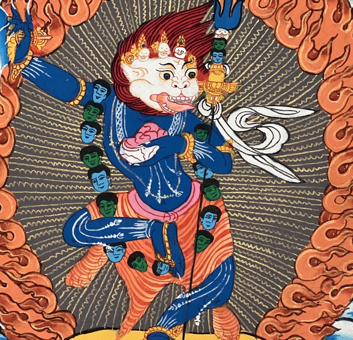 Simhamukhi Thangka Painting: Tibetan Buddhist Art with Silk Brocade