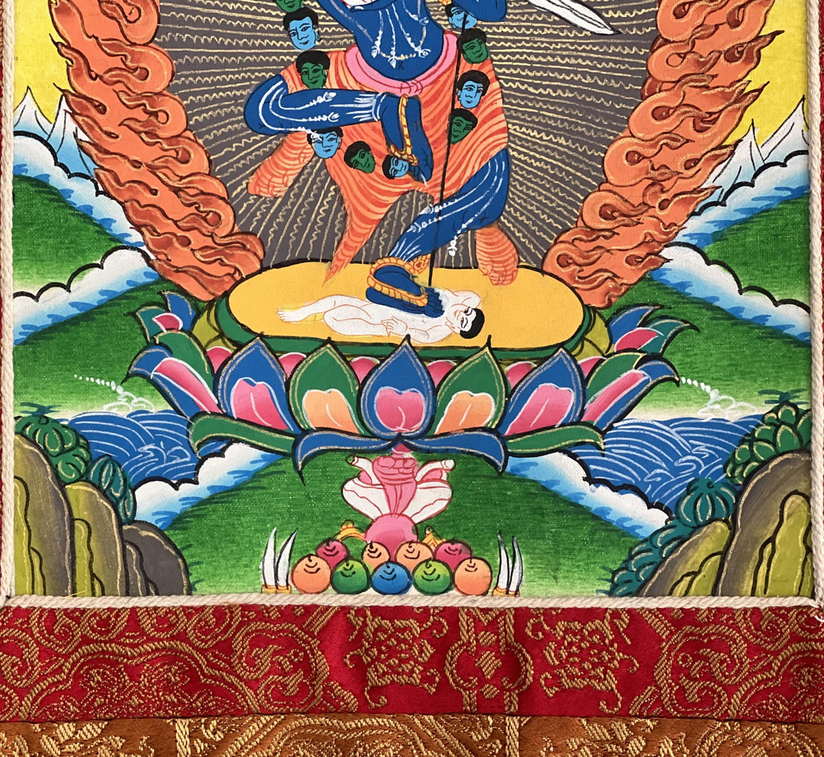 Simhamukhi Thangka Painting: Tibetan Buddhist Art with Silk Brocade