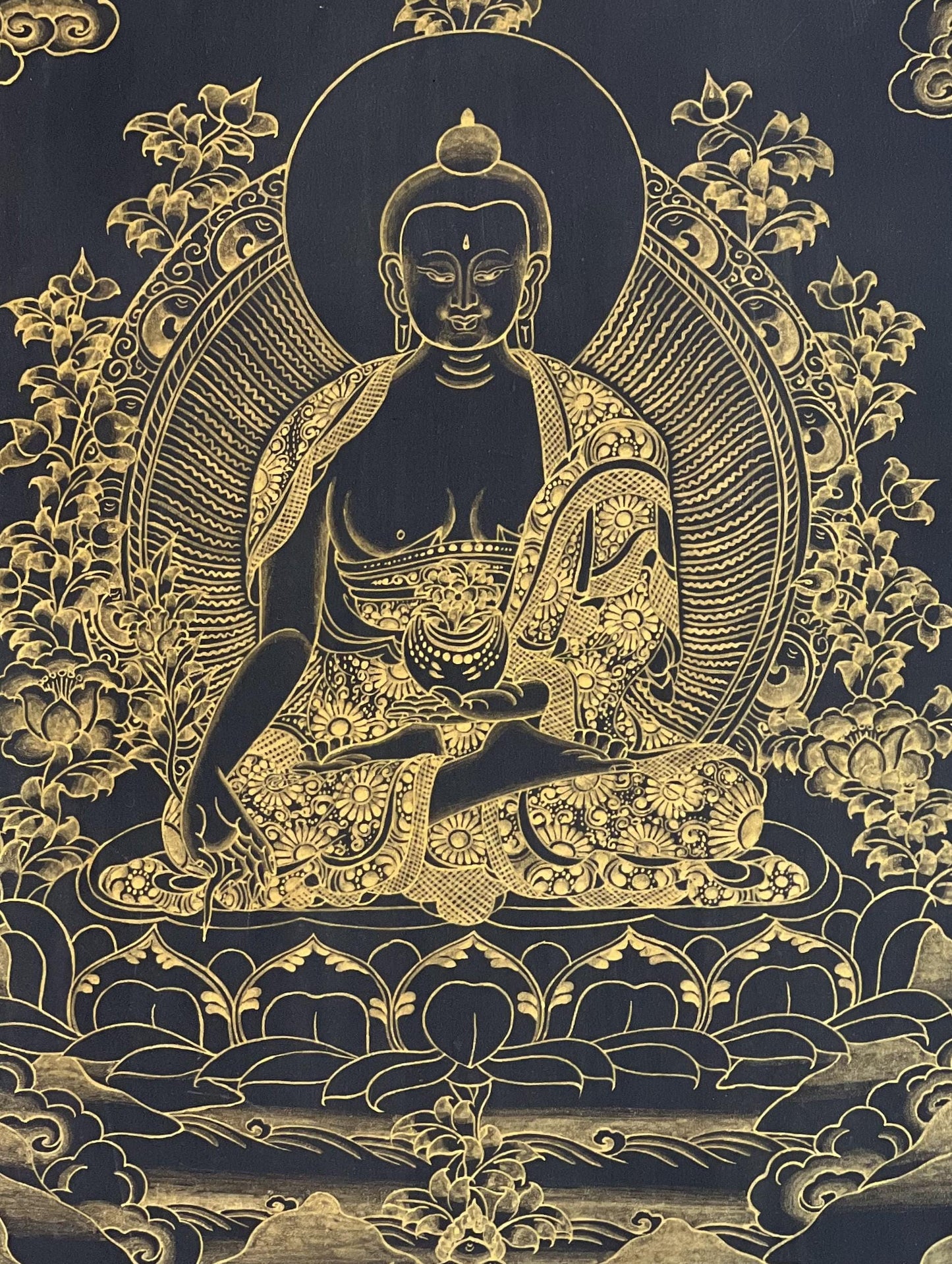 Hand-Painted Medicine Buddha Thangka | Black and Gold, Silk Brocade