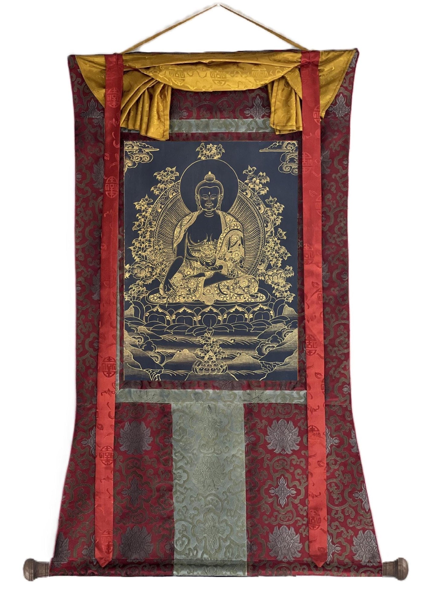 Hand-Painted Medicine Buddha Thangka | Black and Gold, Silk Brocade