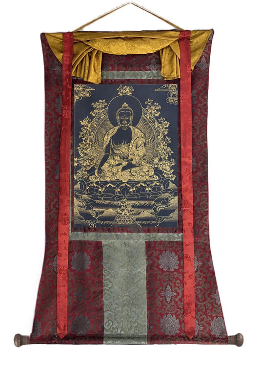 Hand-Painted Medicine Buddha Thangka | Black and Gold, Silk Brocade