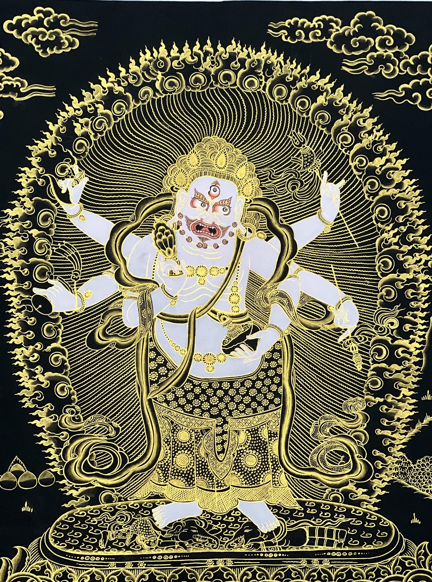 White Mahakala Thangka Painting – Six-Armed Tibetan Art, Protection