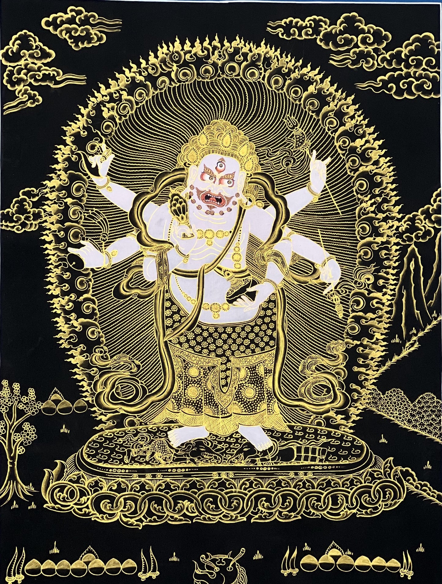 White Mahakala Thangka Painting – Six-Armed Tibetan Art, Protection