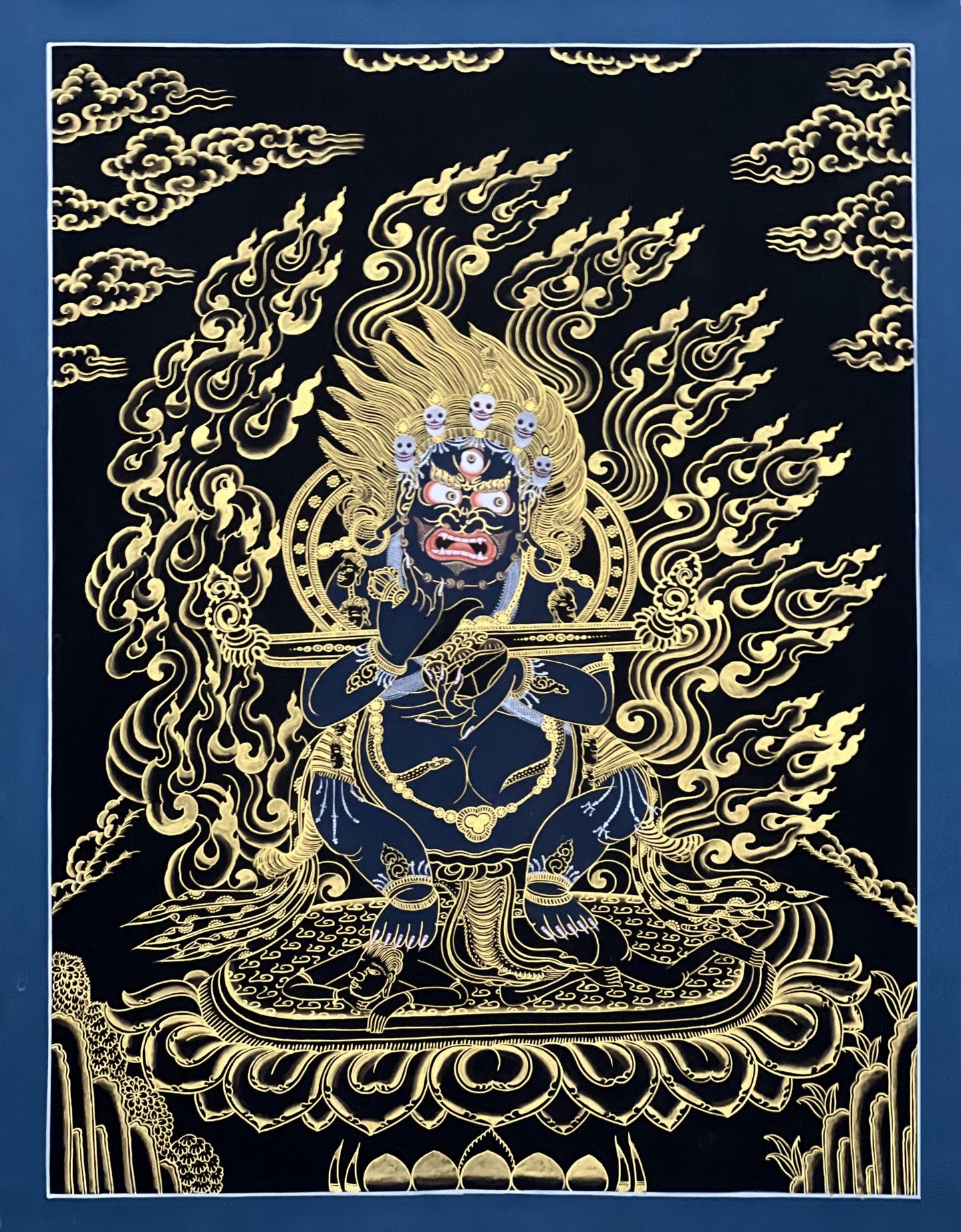 Hand-Painted Mahakala Thangka – Black-Cloaked Protector, Tibetan Art