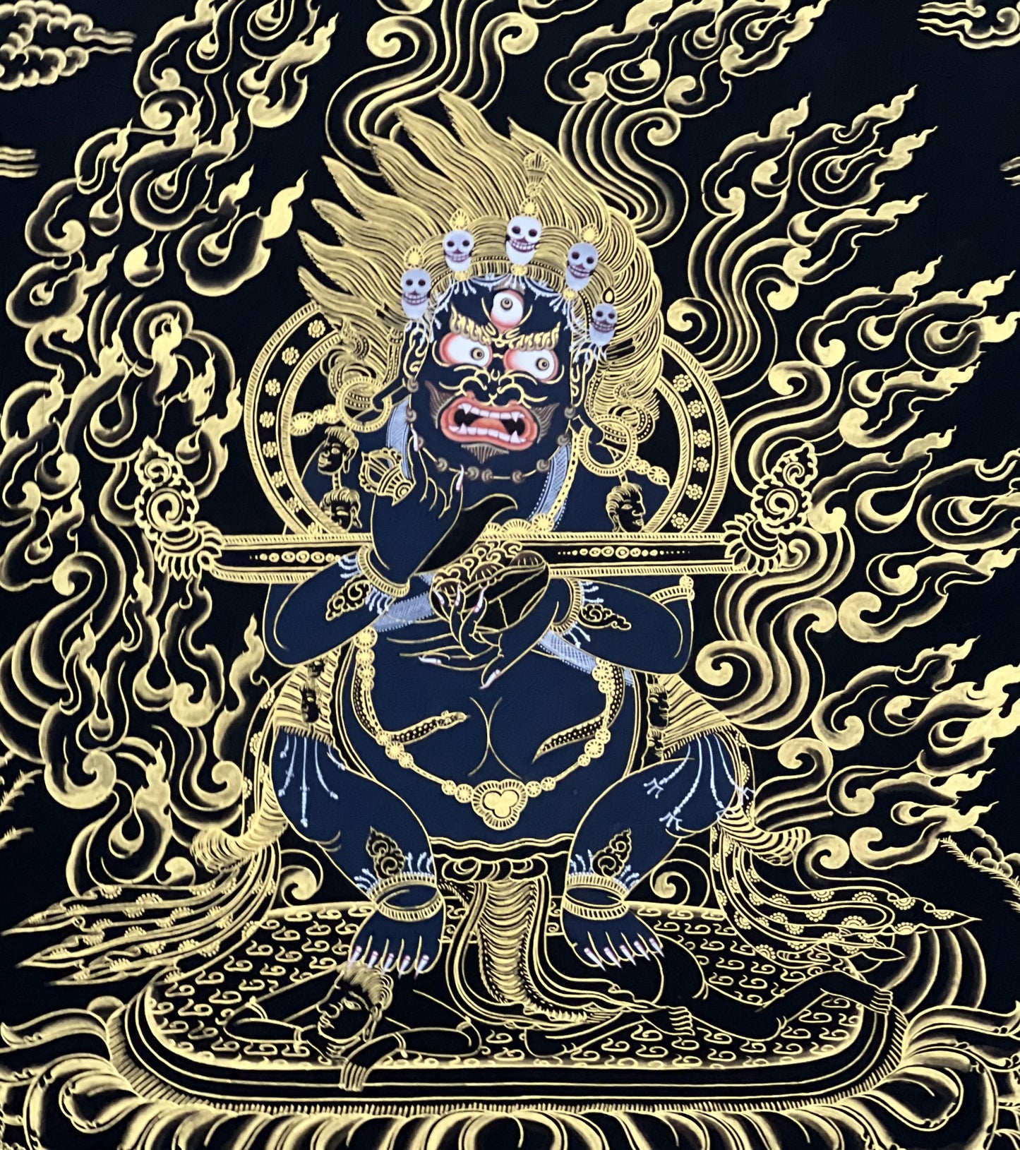 Hand-Painted Mahakala Thangka – Black-Cloaked Protector, Tibetan Art