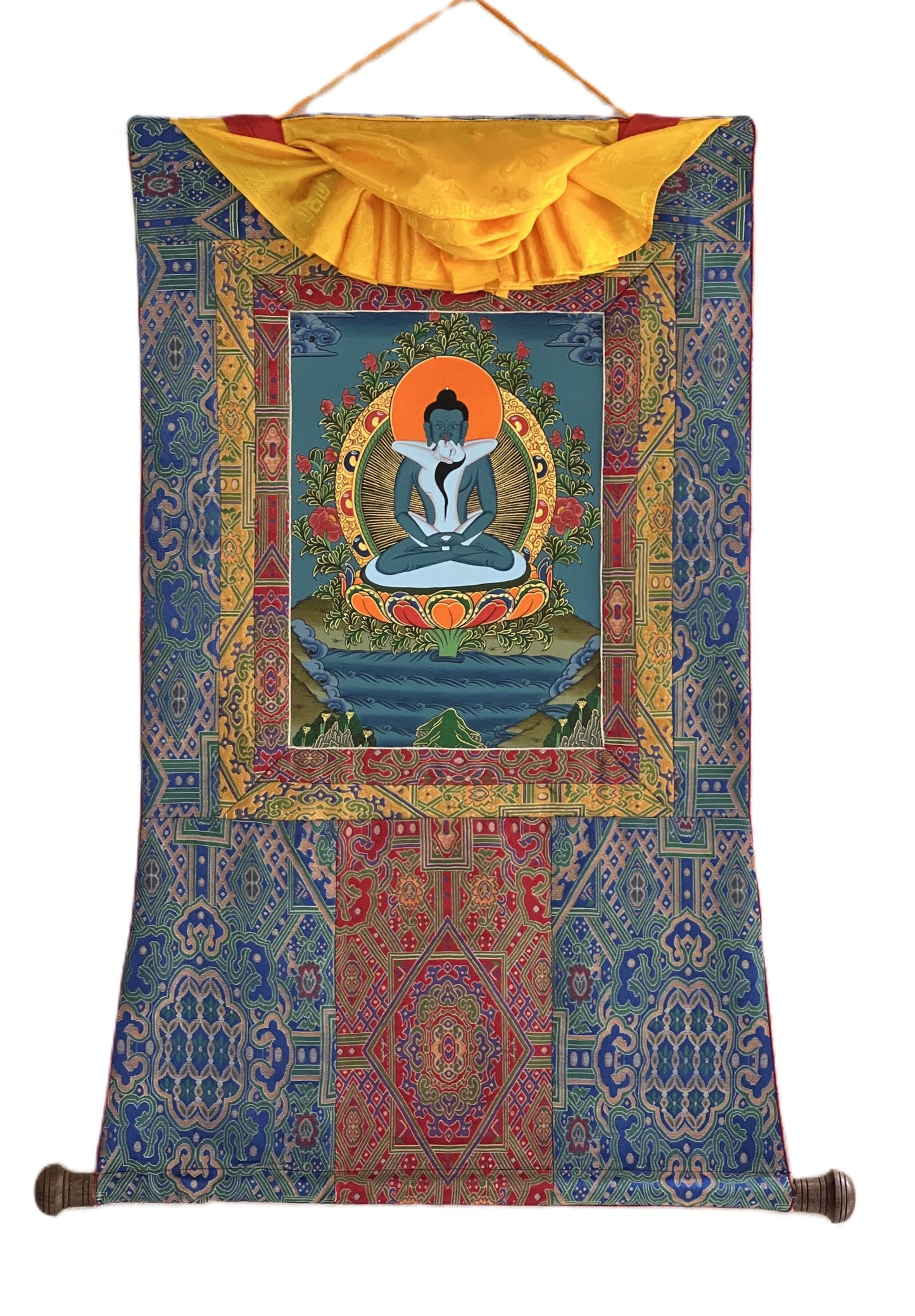 Hand-Painted Tibetan Buddha Thangka | Samantabhadra Yab-Yum Art with Brocade