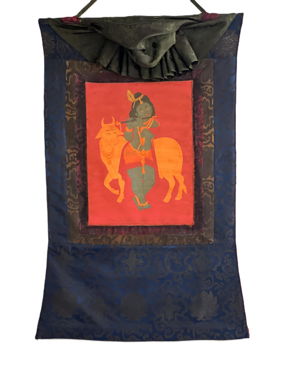 Hand-Painted Lord Krishna Art: Silk Framed Hindu Vaishnava Painting on Cotton Canvas