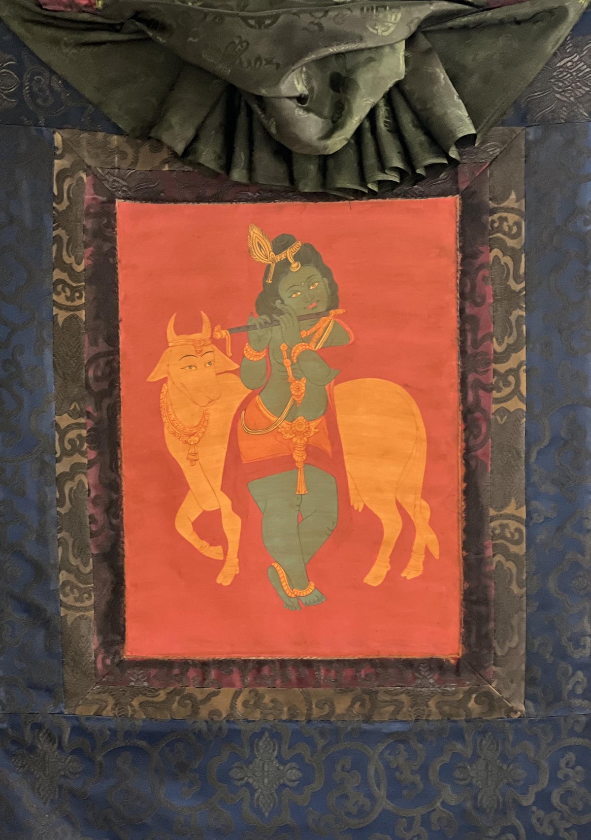 Hand-Painted Lord Krishna Art: Silk Framed Hindu Vaishnava Painting on Cotton Canvas
