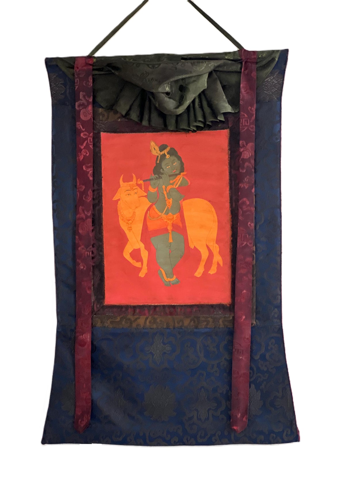 Hand-Painted Lord Krishna Art: Silk Framed Hindu Vaishnava Painting on Cotton Canvas