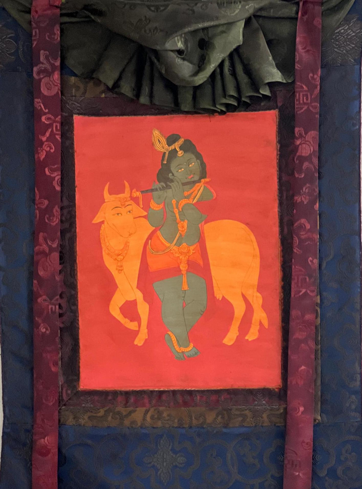 Hand-Painted Lord Krishna Art: Silk Framed Hindu Vaishnava Painting on Cotton Canvas