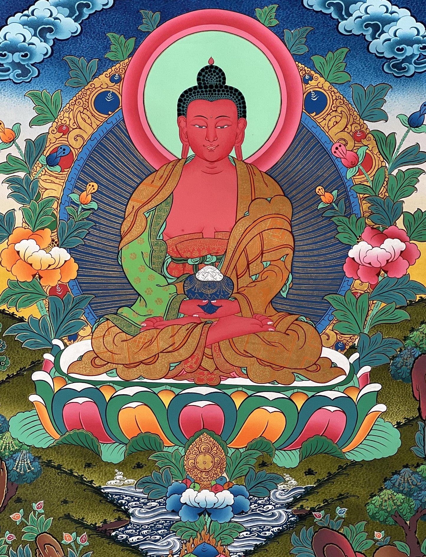 Hand-Painted Amitayus Buddha Thangka | Tibetan Longevity Deity Painting