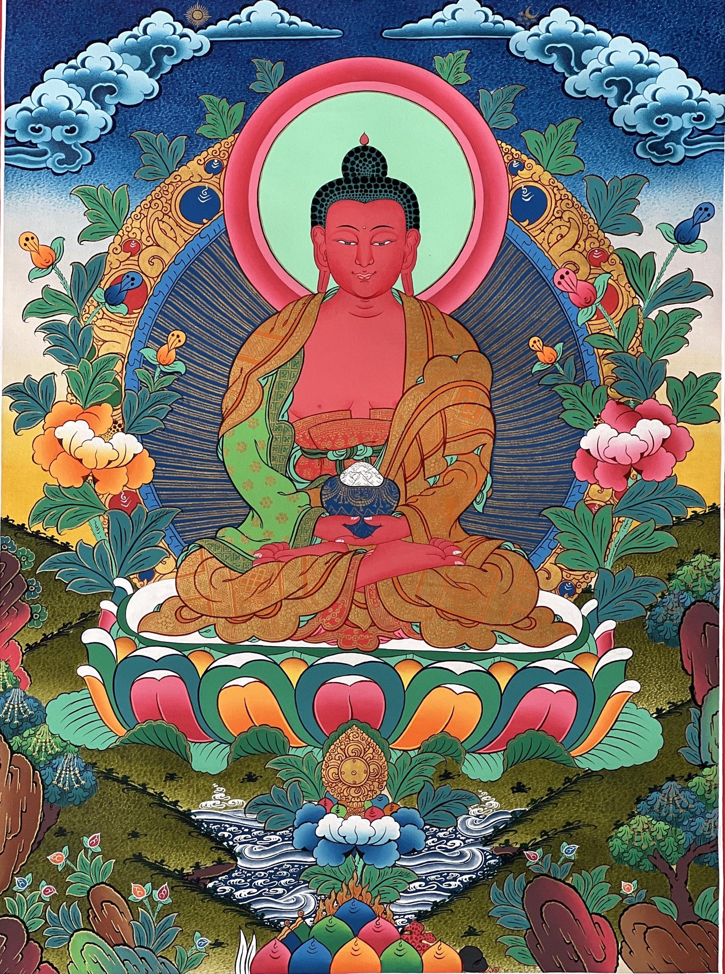 Hand-Painted Amitabha Buddha Thangka Painting – Tibetan Buddhist Spiritual Art