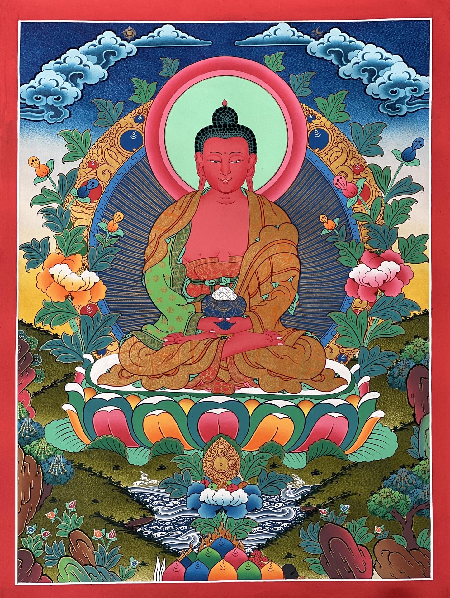 Hand-Painted Amitabha Buddha Thangka Painting – Tibetan Buddhist Spiritual Art