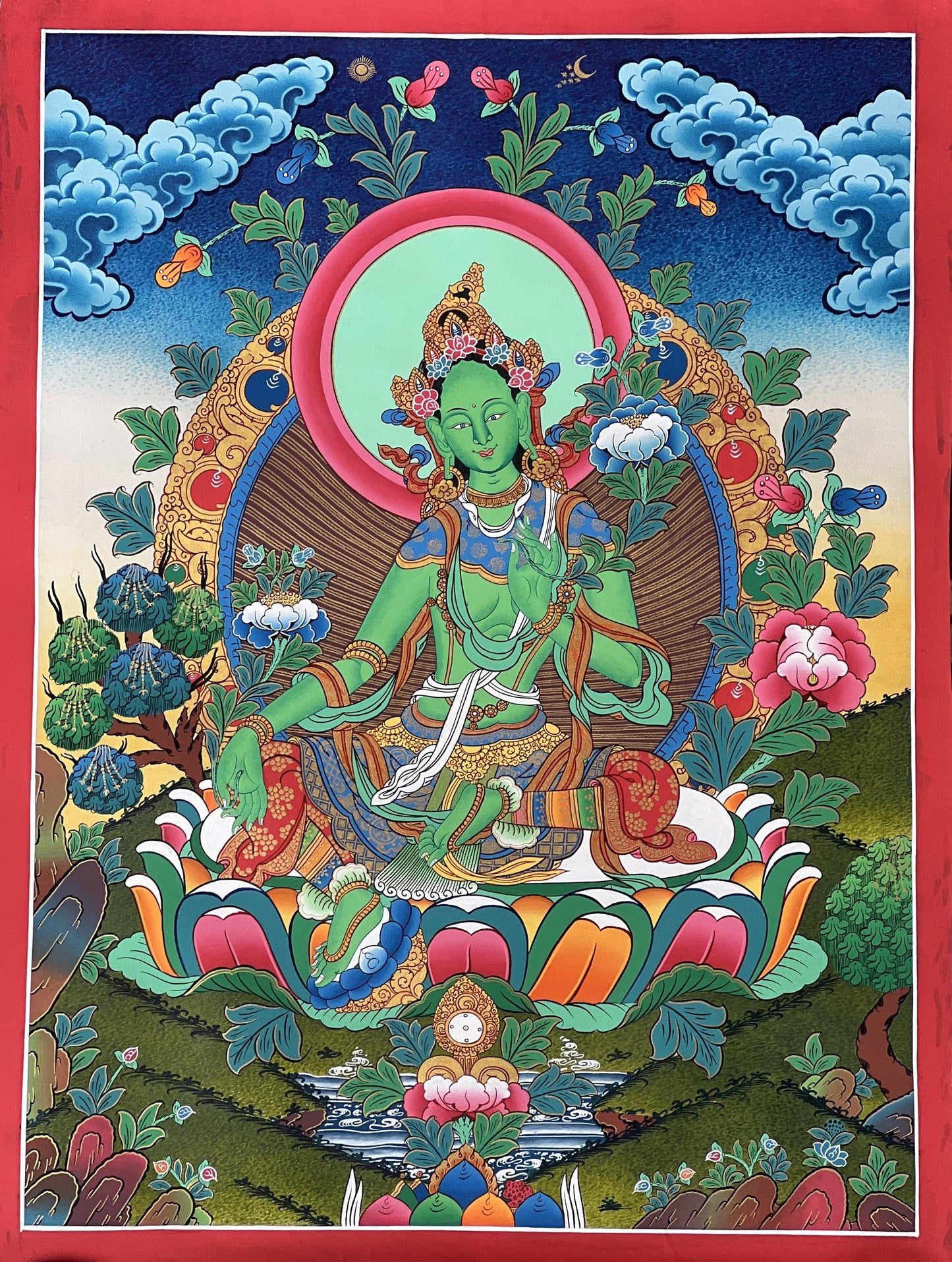 Hand-Painted Green Tara Thangka Painting – Tibetan Buddhist Goddess Art