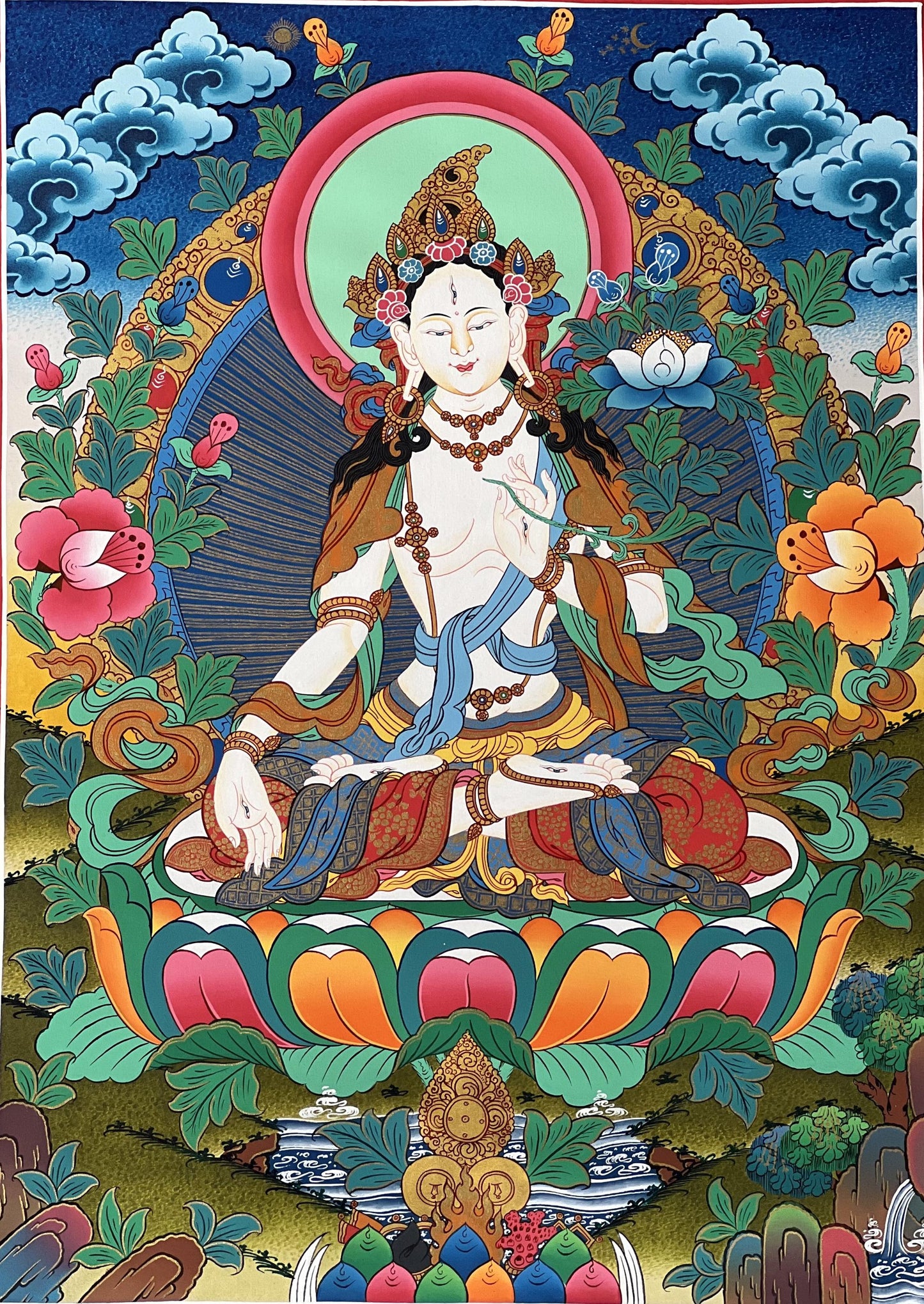 Hand-Painted White Tara Thangka | Tibetan Buddhist Art