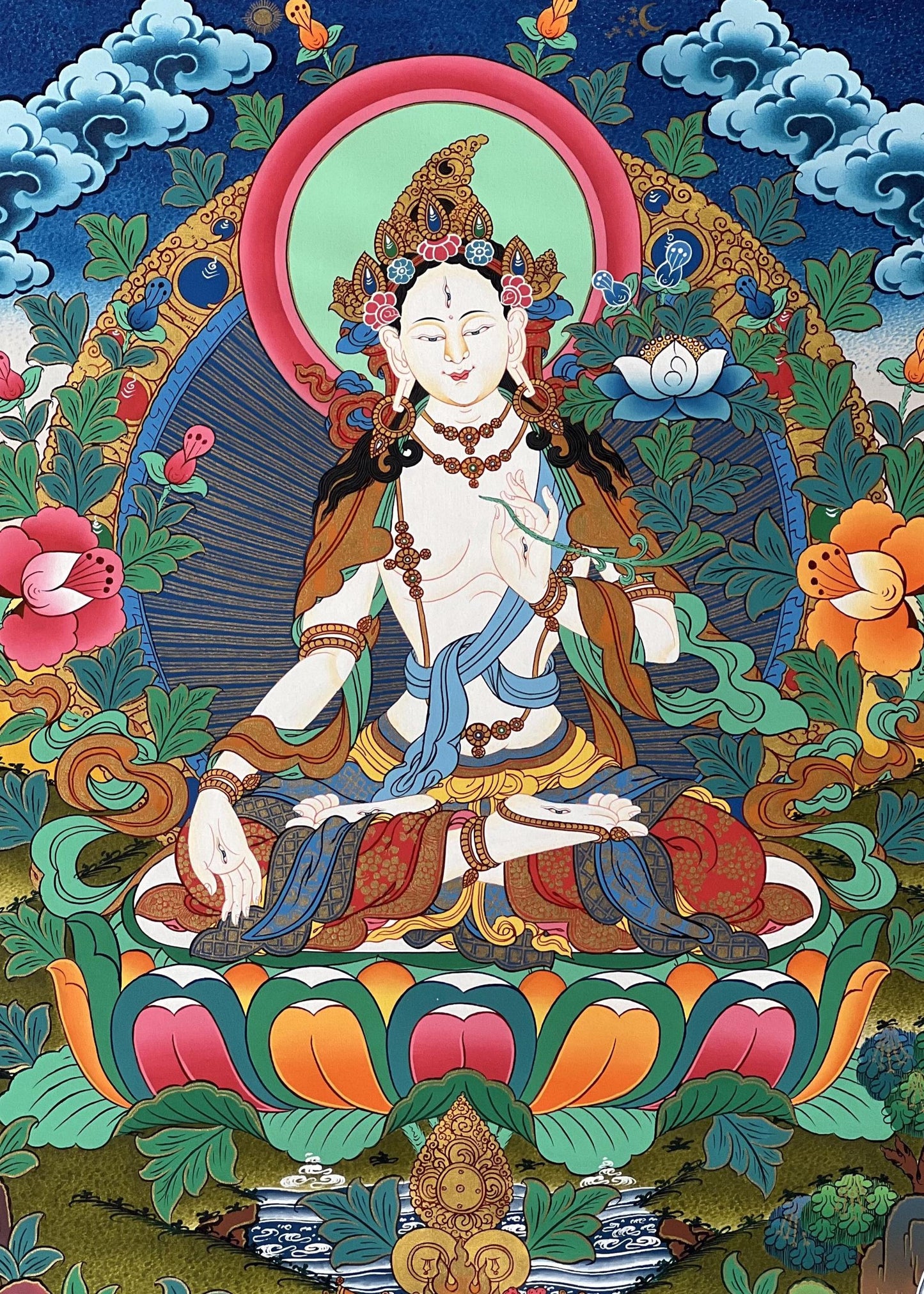 Hand-Painted White Tara Thangka | Tibetan Buddhist Art