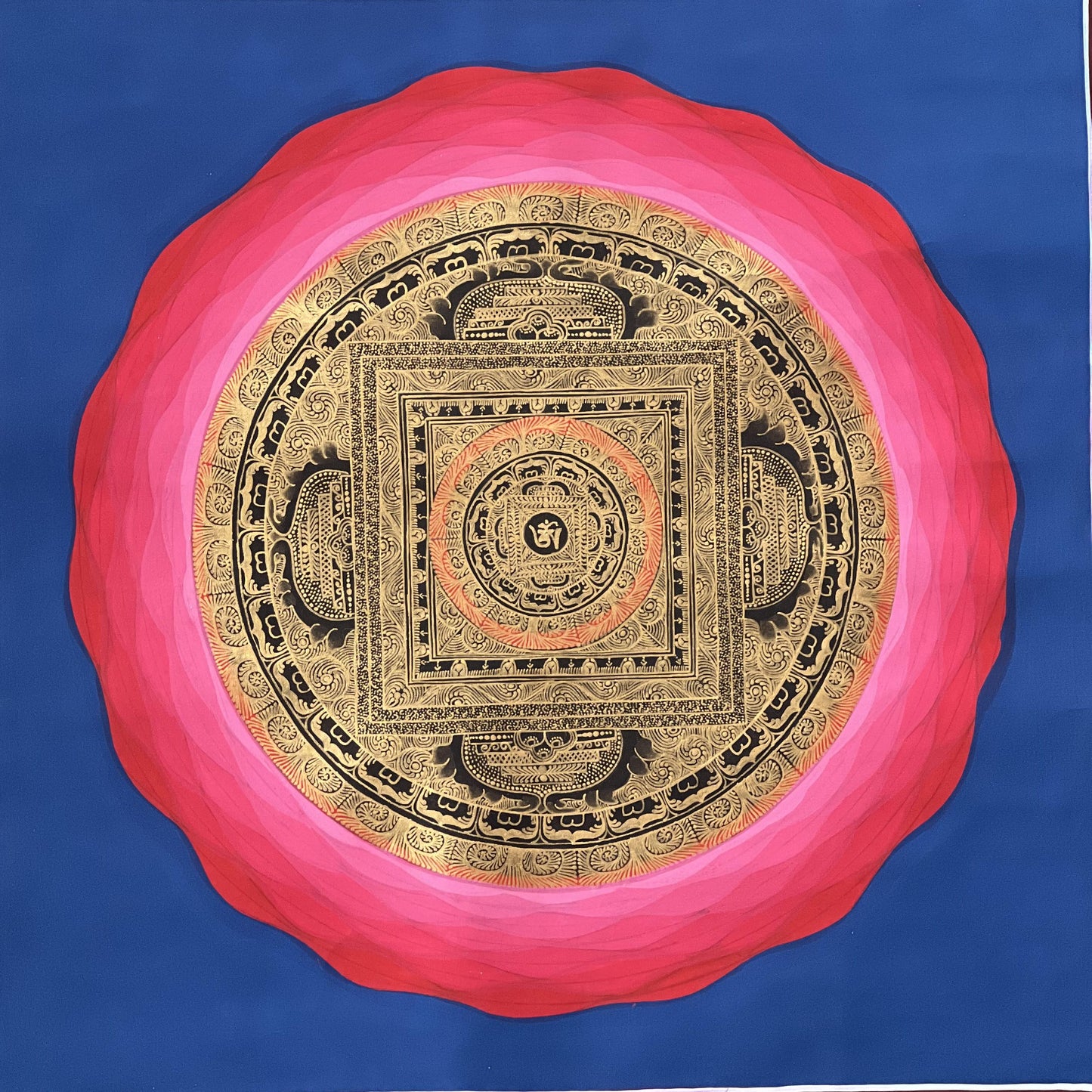 Hand-Painted Om Mandala Thangka on Cotton Canvas | Meditation Wall Art with Silk Brocade