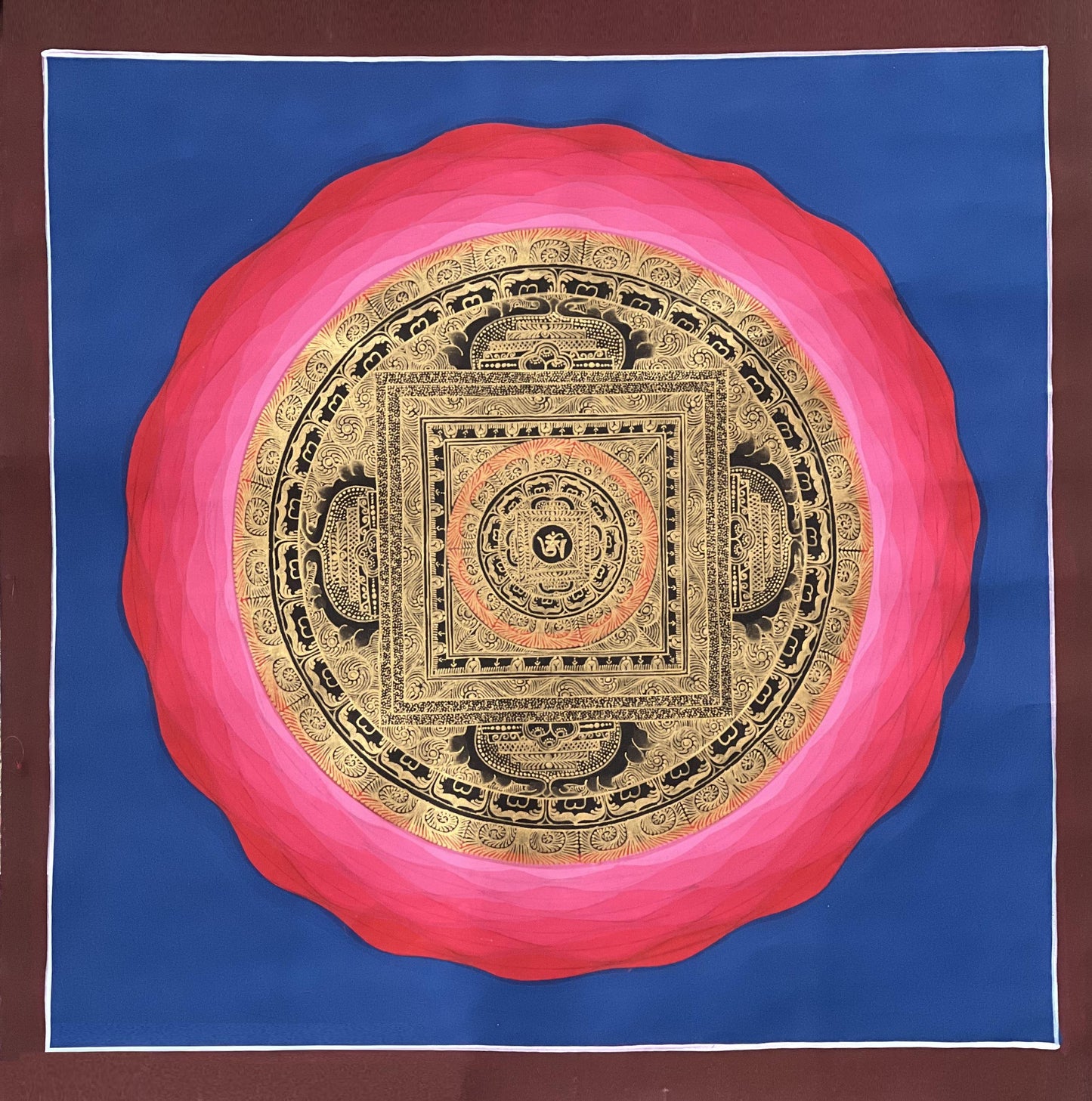 Hand-Painted Om Mandala Thangka on Cotton Canvas | Meditation Wall Art with Silk Brocade