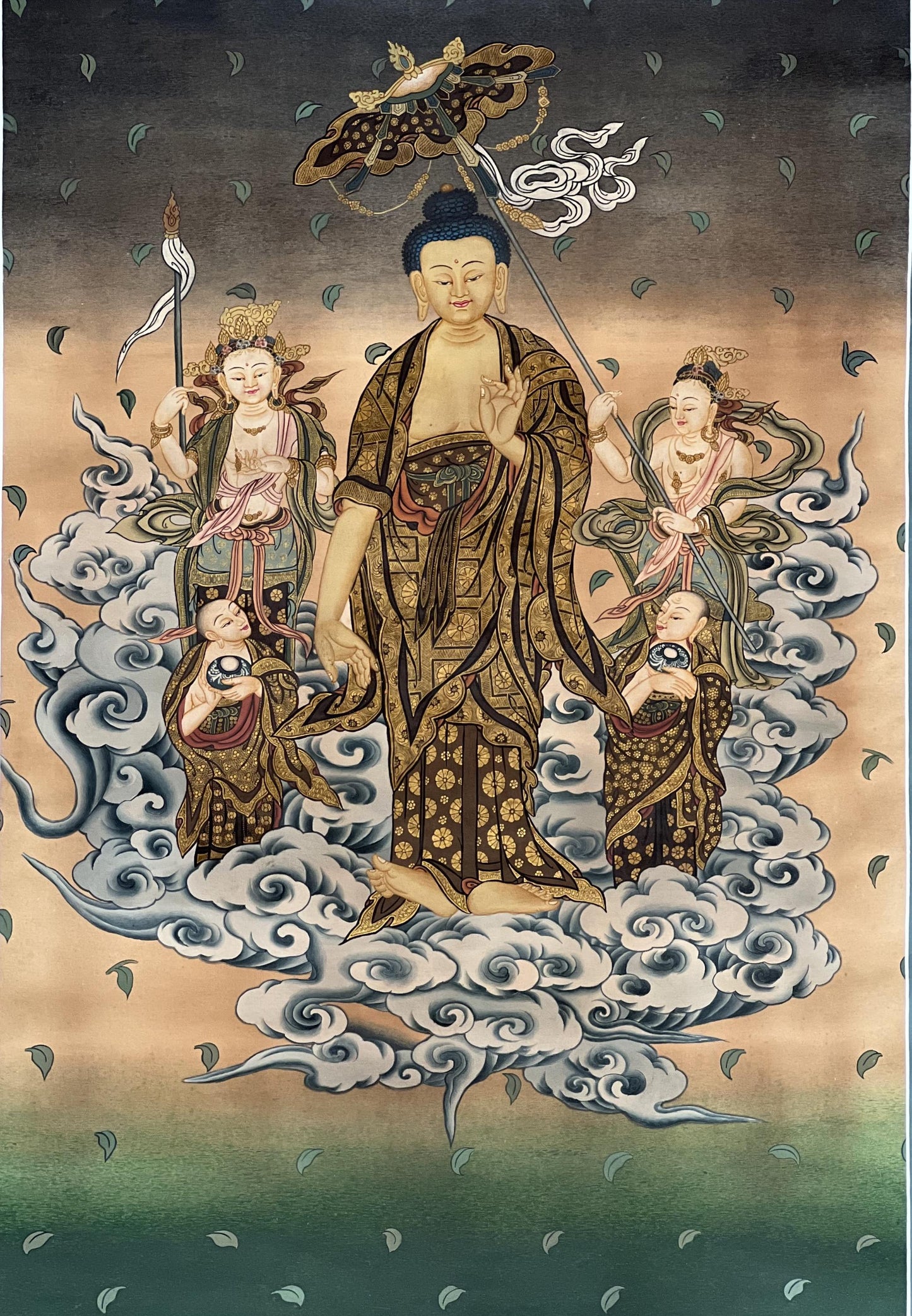 24k Gold Amitabha Buddha Japanese Thangka • Amida Sanzon with Kannon and Seishi Painting