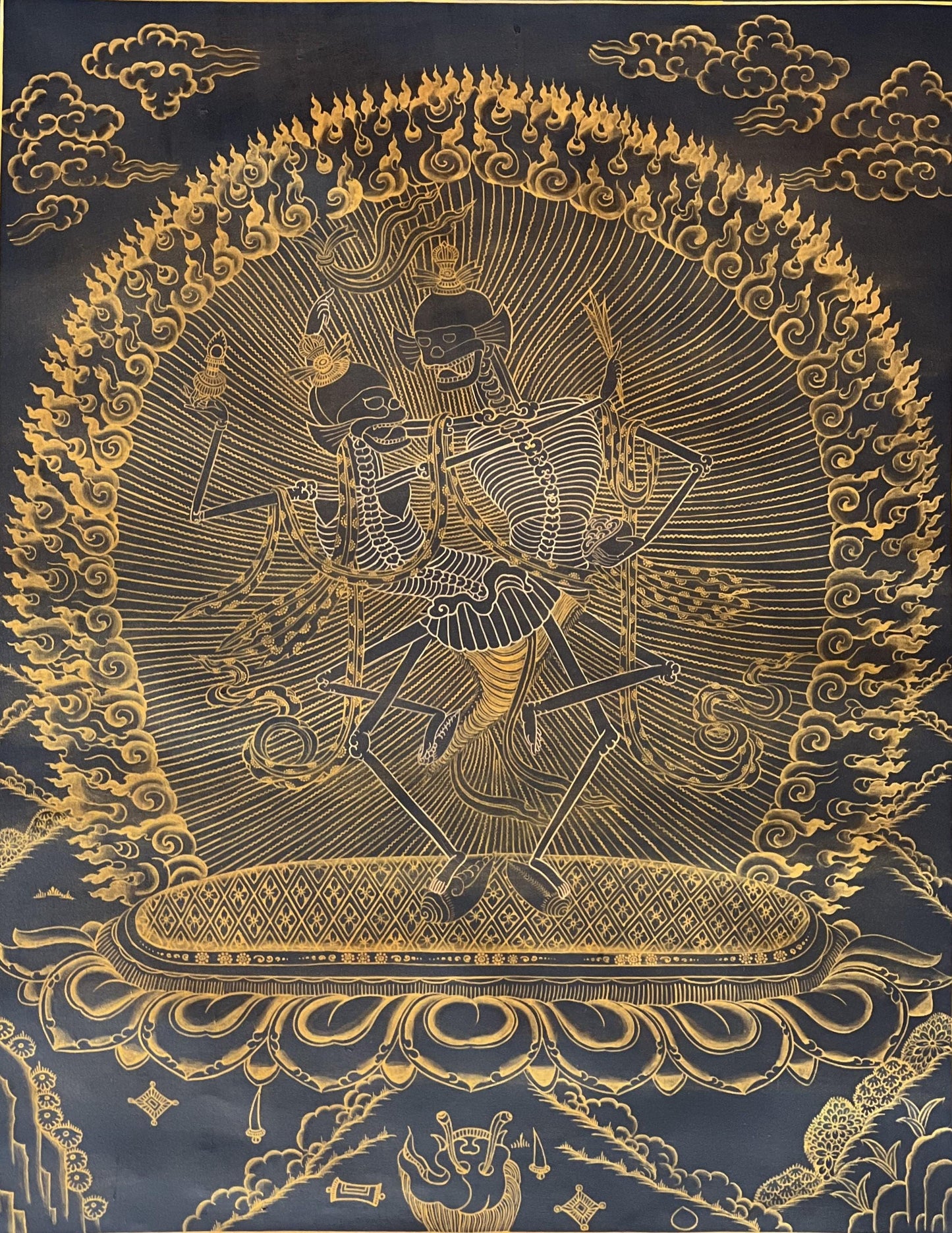 Hand-Painted Citipati Thangka | Dancing Skeletons, Tibetan Art, Silk Brocade