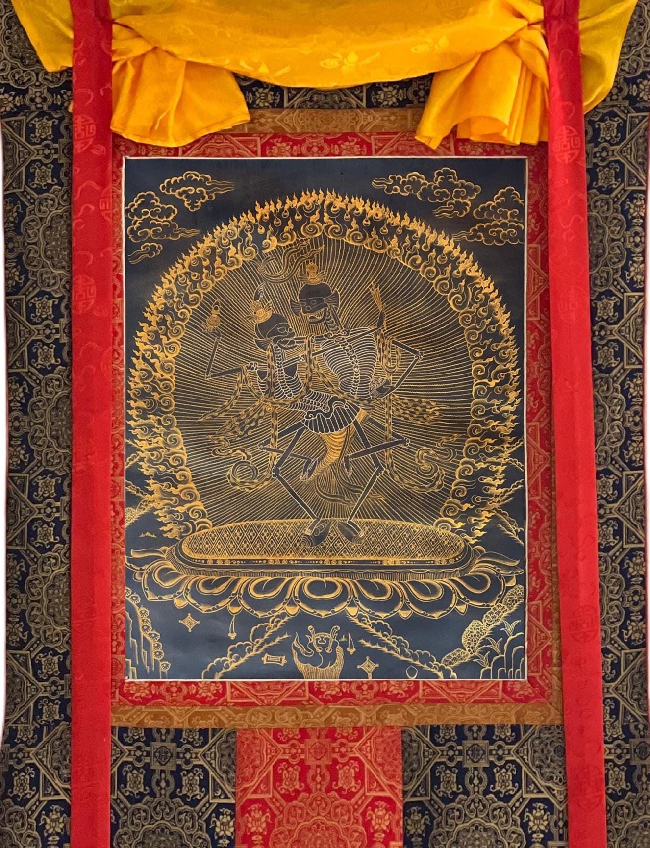Hand-Painted Citipati Thangka | Dancing Skeletons, Tibetan Art, Silk Brocade