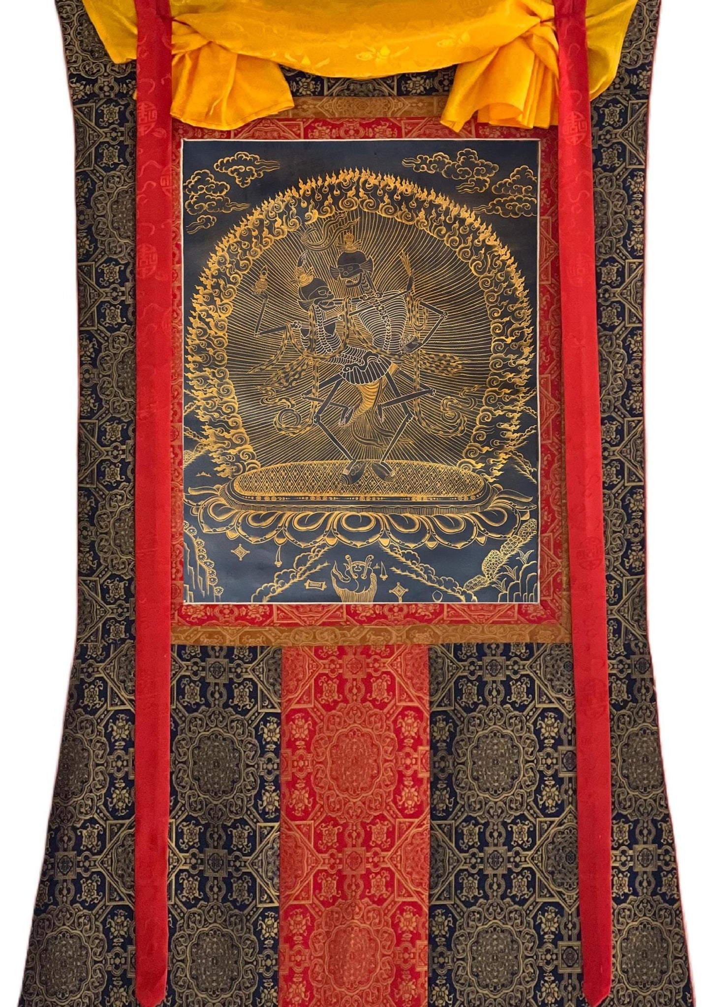 Hand-Painted Citipati Thangka | Dancing Skeletons, Tibetan Art, Silk Brocade